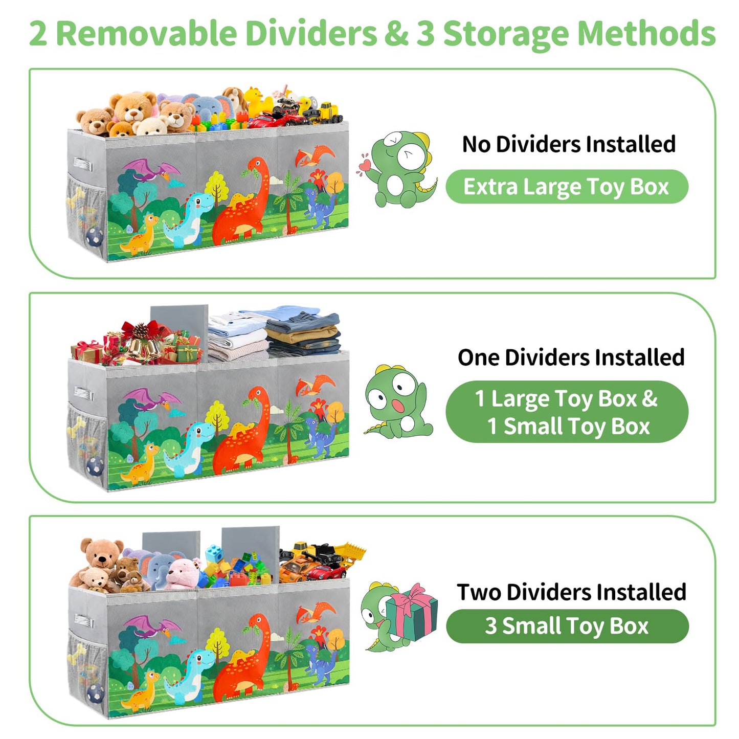 KORVAX Extra Large Toy Box Chest with Lids, Collapsible Toy Storage Organizer for Kids, Dinosaur Toy Bin Box for Toddlers Boys Girls, Toy Organizer for Living Room Nursery Playroom Bedroom Home Grey