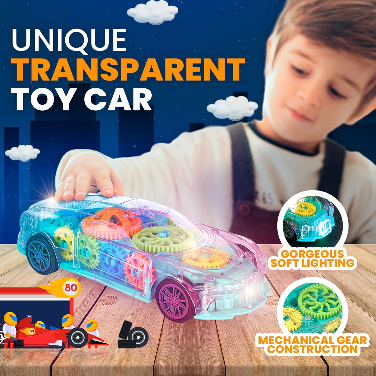 Playbees Light-Up Transparent Car with Remote Control, Toys for Autistic Kids Ages 3-5 Sensory Activity for Kids with Autism Special Needs Toys, Bump and Go Toys for Toddlers Music and LED Effects