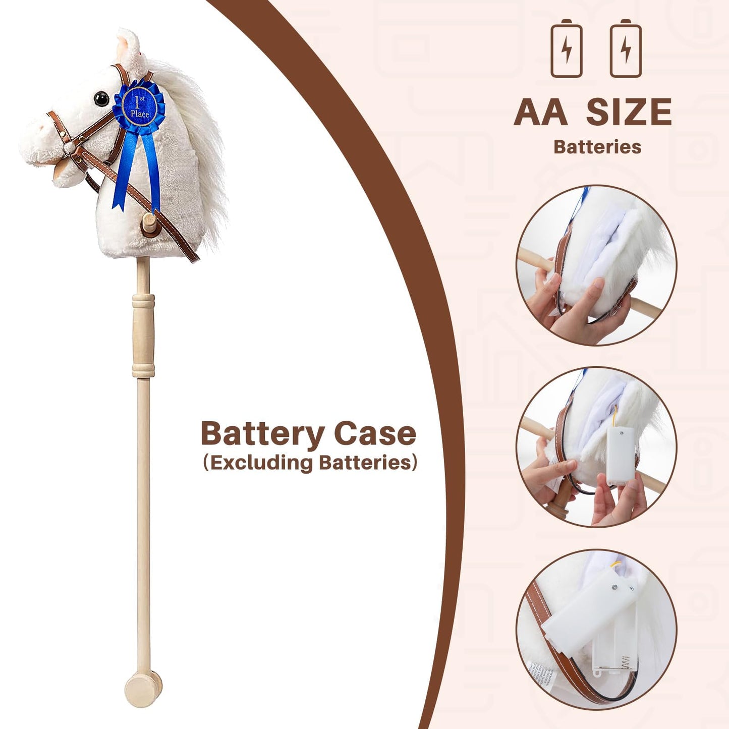 HollyHOME Stick Horse Plush with Detachable Blue Ribbon Champion Hobby Horse on Stick with Wood Wheels Real Pony Neighing and Galloping Sounds for Kids Toddlers White 36 Inches(AA Batteries Required)