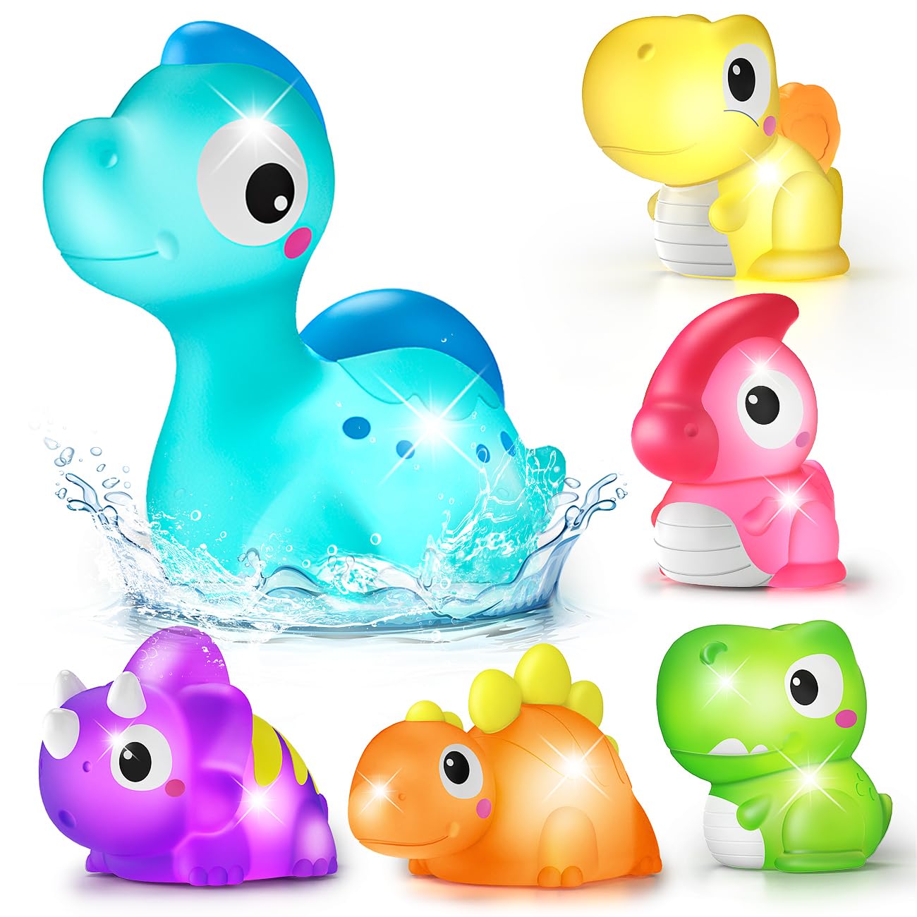 Light Up Bath Toys for Kids Ages 1-3, Dinosaurs Water-Activated Toys, Bathtub Toys for Toddlers 2-4, Pool Floating Water Bath Toys for 1 2 Year Old Boy Girl Gifts - 6 Packs