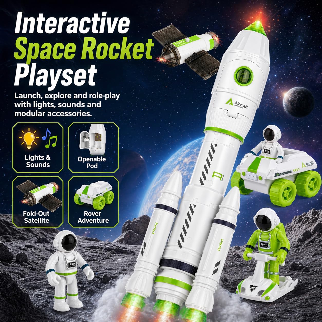 Wanonoo Rocket Space Toys for Kids 3-5 5-7 with Lights & Sound, Educational Astronaut Toys for 3 4 5 6 7 8 Year Old Boy Birthday Gift, Interactive Toddler Boys Toys 4-6 3-4 Science Outer Party Favors