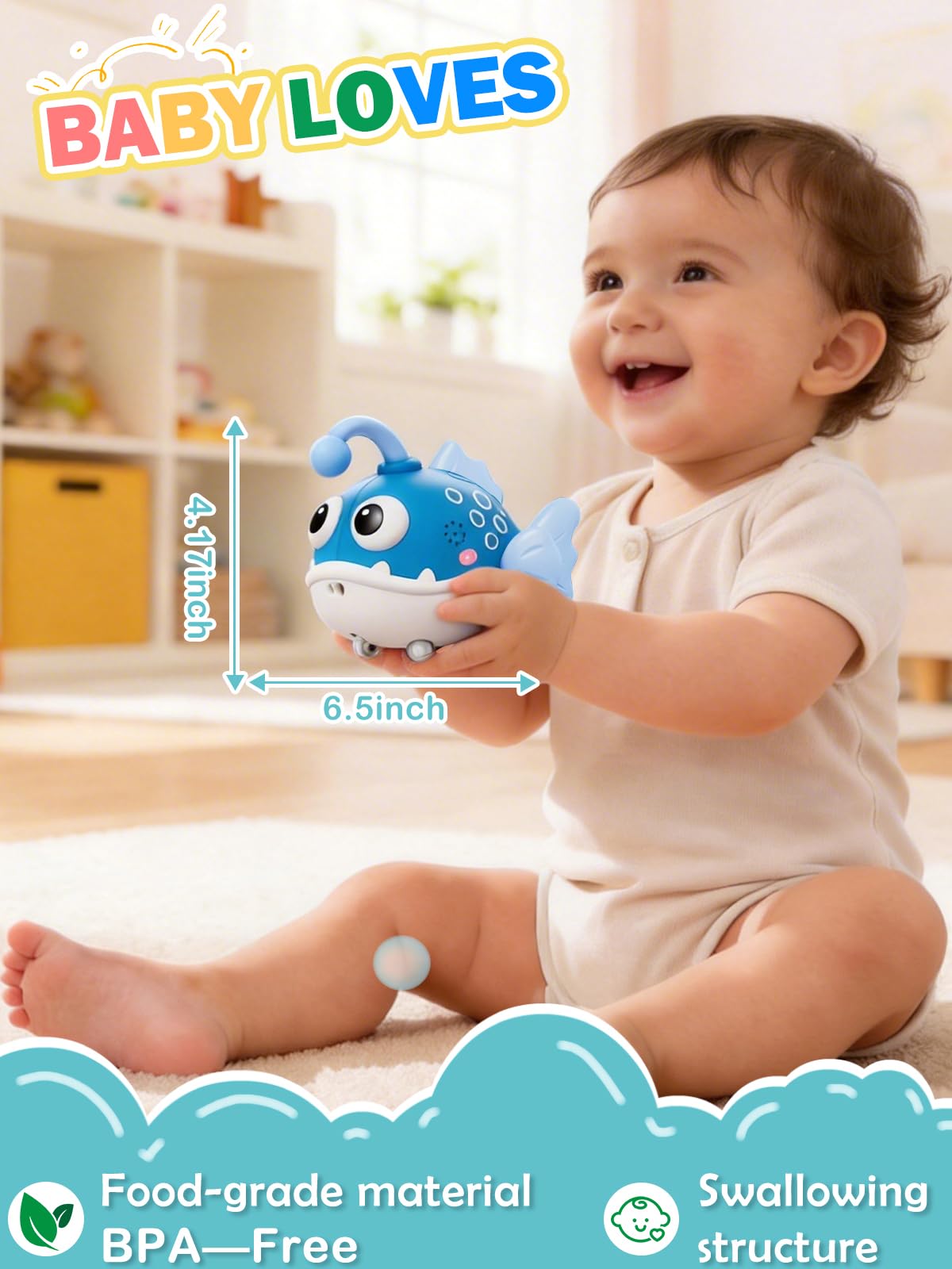 vexitemet Baby Crawling Toy Lantern Fish, Infant Tummy Time Toys & Musical Light Up 60 Songs, Early Development Toy for Infants and Toddlers 6-18 Months(Blue)