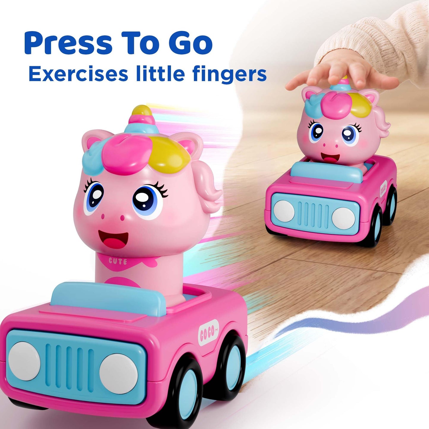 iPlay, iLearn Press to Go Unicorn Car Toys for Toddler 1-3, Baby Animal Racing Cars, Infant Girl Push Go Friction Toy, Kids Play Vehicle for 12 18 24 Month, 1st Birthday Gifts for 1 2 One Yr Child Boy