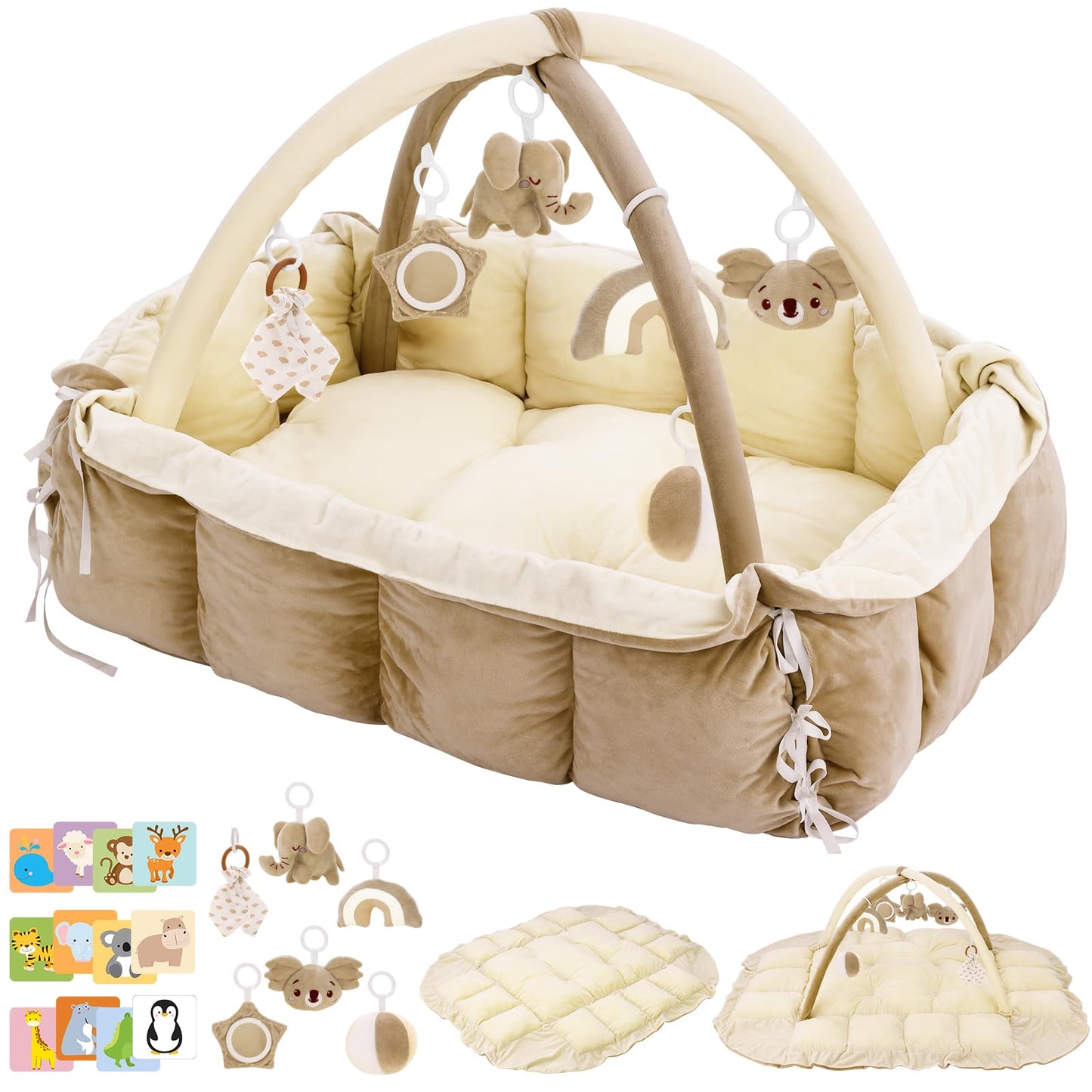 Lanabuna 5-in-1 Baby Play Gym and Tummy Time Mat, 12 Learning Cards, Plush Activity Mat with 6 Toys, Baby Gym, Convertible to Ball Pit, Baby Gift, Cream