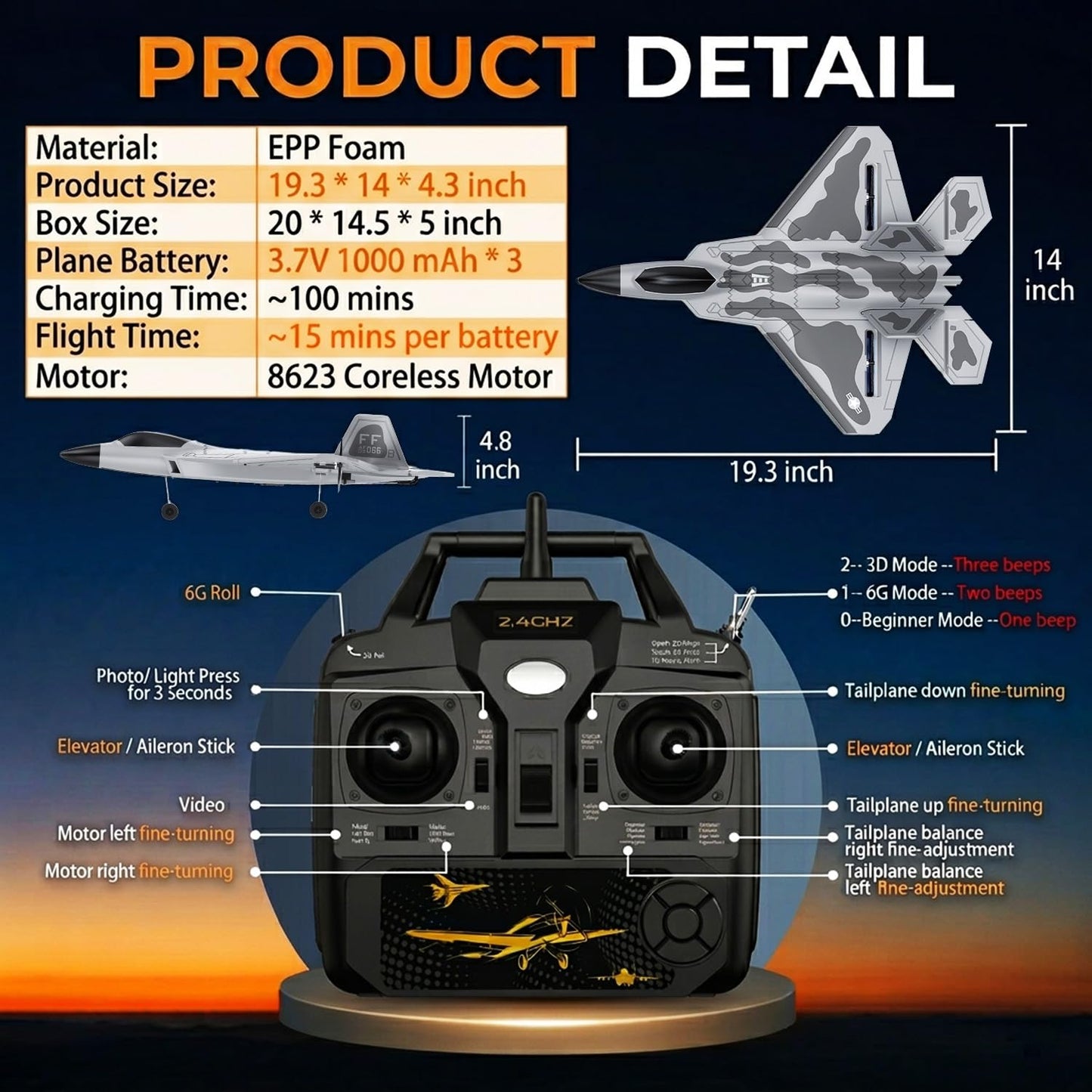 RCkuler RC Planes,4 Channel F22 Raptor Remote Control Airplane with LED Light, 6-Axis Gyro, 3 Flight Modes, One-Key Aerobatic,Wingspan 360mm Fuselage 500mm,EPP Foam, RTF Suitable for Outdoors and Gift