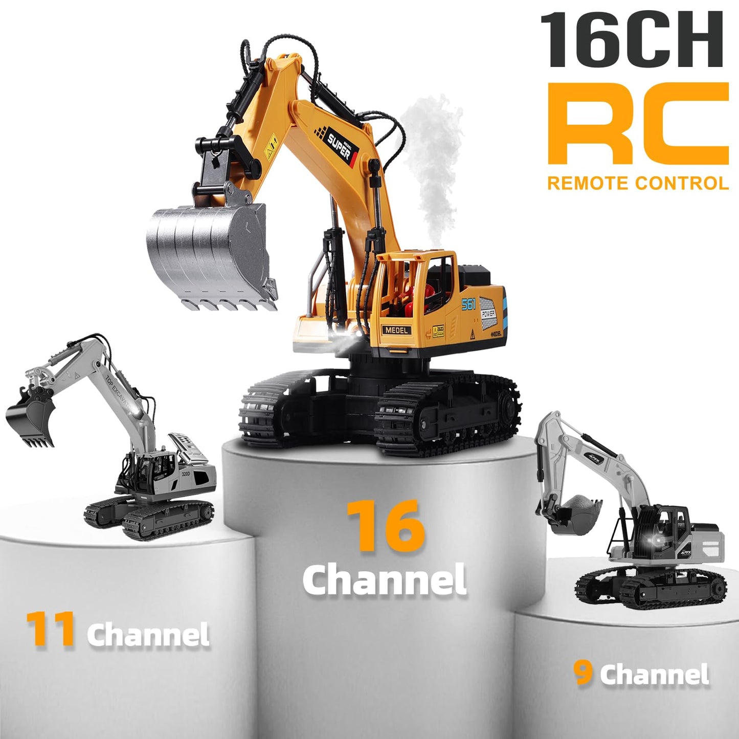 ViRockSign Remote Control Excavator Toys for Boys,16 Channel RC Excavator Construction Toys with Metal Shovel & Light,Simulated Smoke,Christmas Birthday Gift Toy for Boys 3-5 4-7 8-12 Year Old Kids