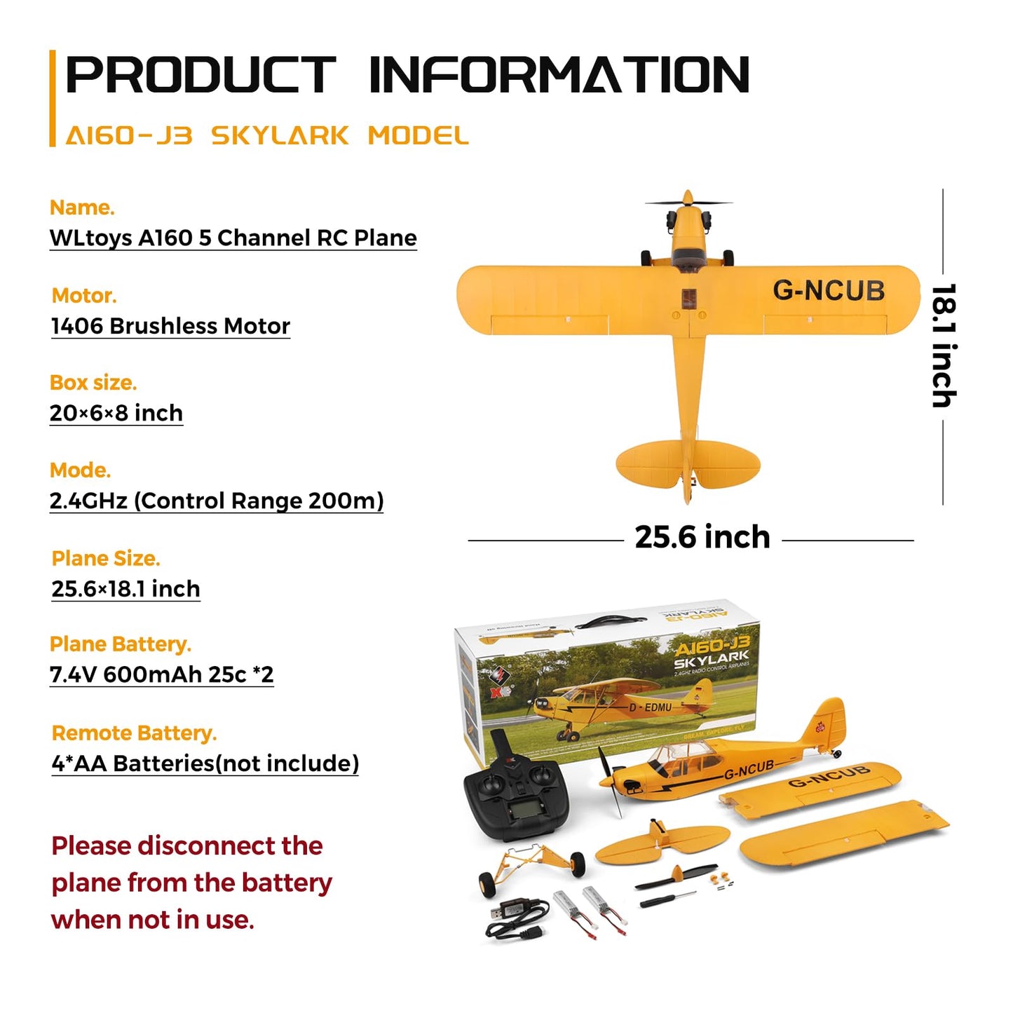 CKYSCHN WLtoys A160 J3 RC Plane, 5 Channel RC Airplanes with 3D/6G Mode, 3D Brushless RC Planes with 2 Batteries, 2.4G Remote Control Airplanes Gifts for Adults