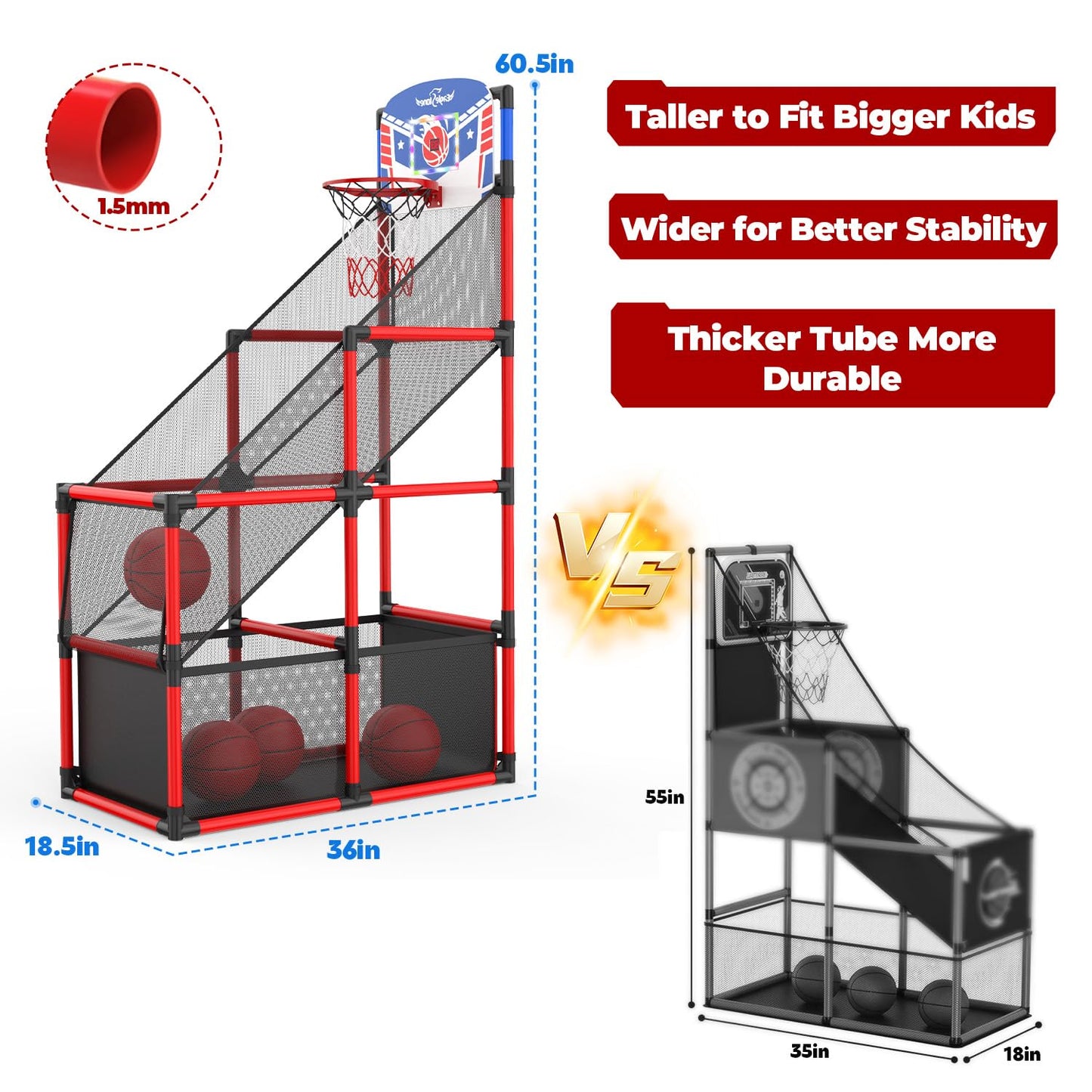 EagleStone Kids Adjustable Arcade Basketball Hoop with LED Lights & Scoreboard, 4 Balls Ball Storage Net, Indoor Outdoor Carnival Basketball Game Set for Boys & Girls Ages 3-12, Pump Included