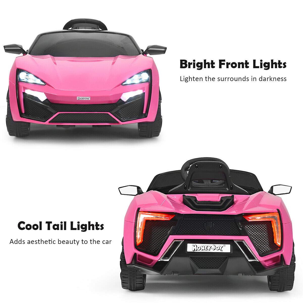 HONEY JOY Pink Ride On Car, 12V Battery Powered Electric Vehicle w/Remote Control,3 Speeds, LED Lights, Horn, Music, MP3, USB, Spring Suspension, 4 Wheeler for Boy Girl Gift, Electric Car for Kids