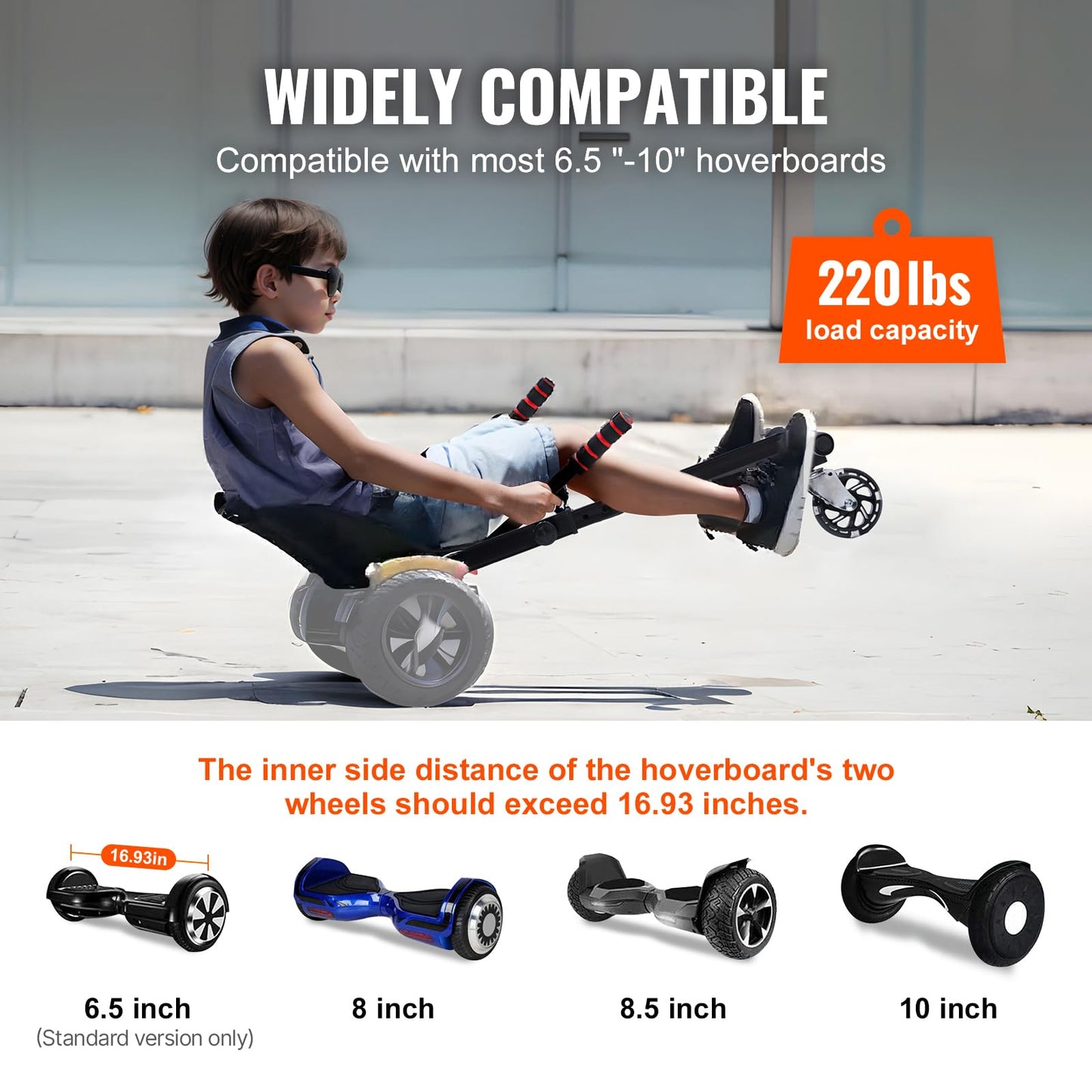 VEVOR Hoverboard Seat Attachment with LED Lights, for 6.5" 8" 8.5" 10" Hoverboards, Adjustable Frame & Grips Control, 220 LBS Load Capacity, Hoverboard Go Karts Accessory for Kids and Adults