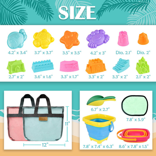 Aclarastra Collapsible Beach Sand Toys for Kids - Travel Beach Toys with 2 Collapsible Beach Buckets, Mesh Bags, Sand Castle Molds, Sand Bucket Shovel Set Sandbox Toy for Toddlers Kids