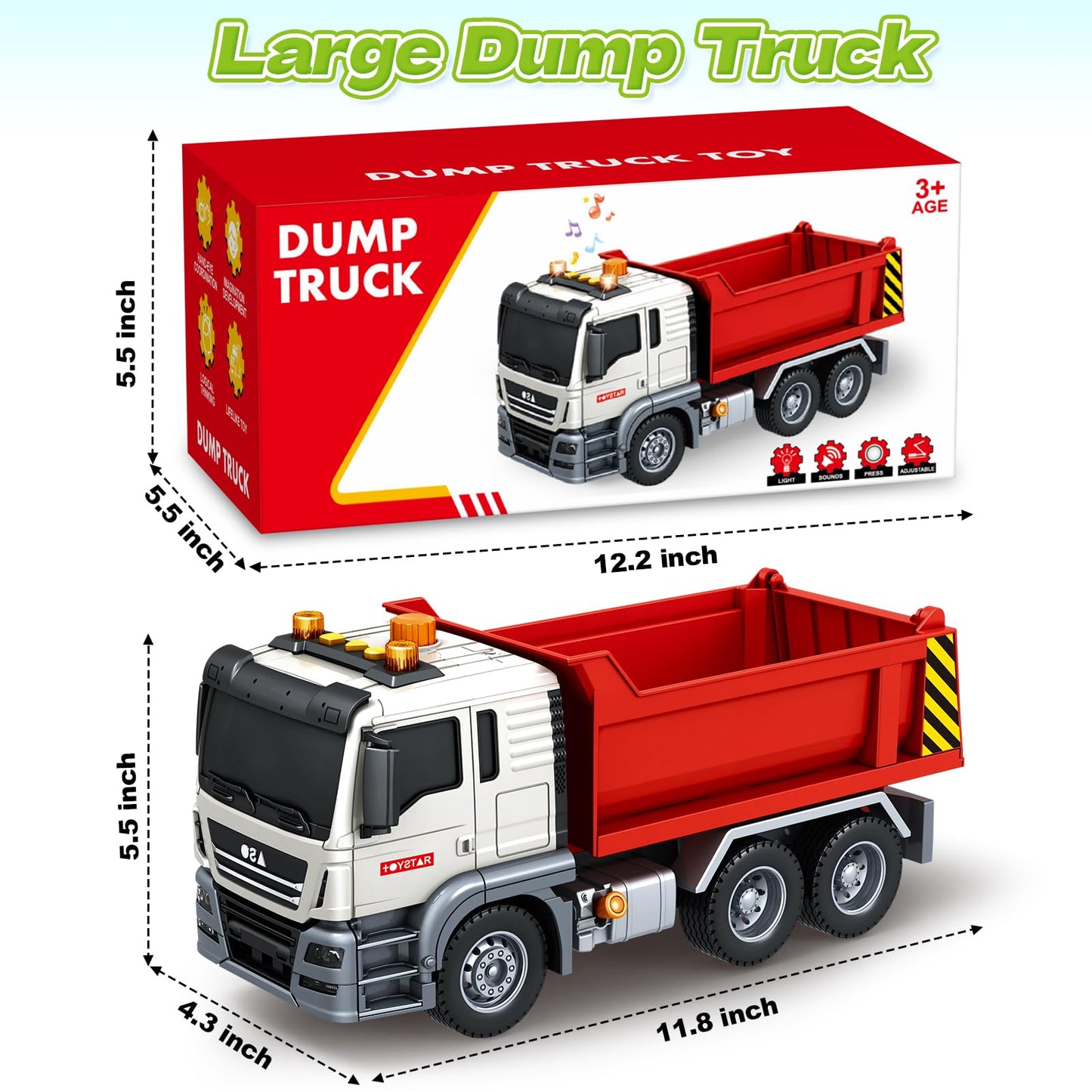SpringFlower Dump Truck Toy for 3 4 5 6 7 Years Old Boy, Toy Dump Trucks Vehicle Toy with Sound and Light, Kids Toddlers Red Dump Truck Birthday Gifts for Boys & Girls