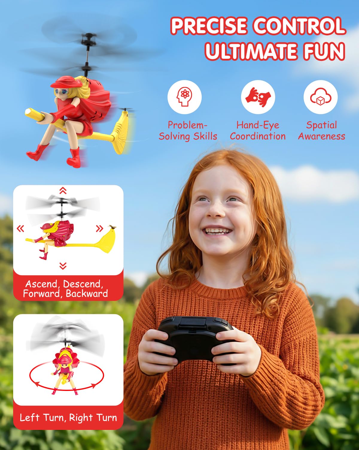 NEVZAN RC Helicopter Toy for Girls, Flying Witch Remote Control Helicopter with LED Lights, Indoor Outdoor Flying Toy for Kids, Cute Cartoon Gifts for Girls Age 6+