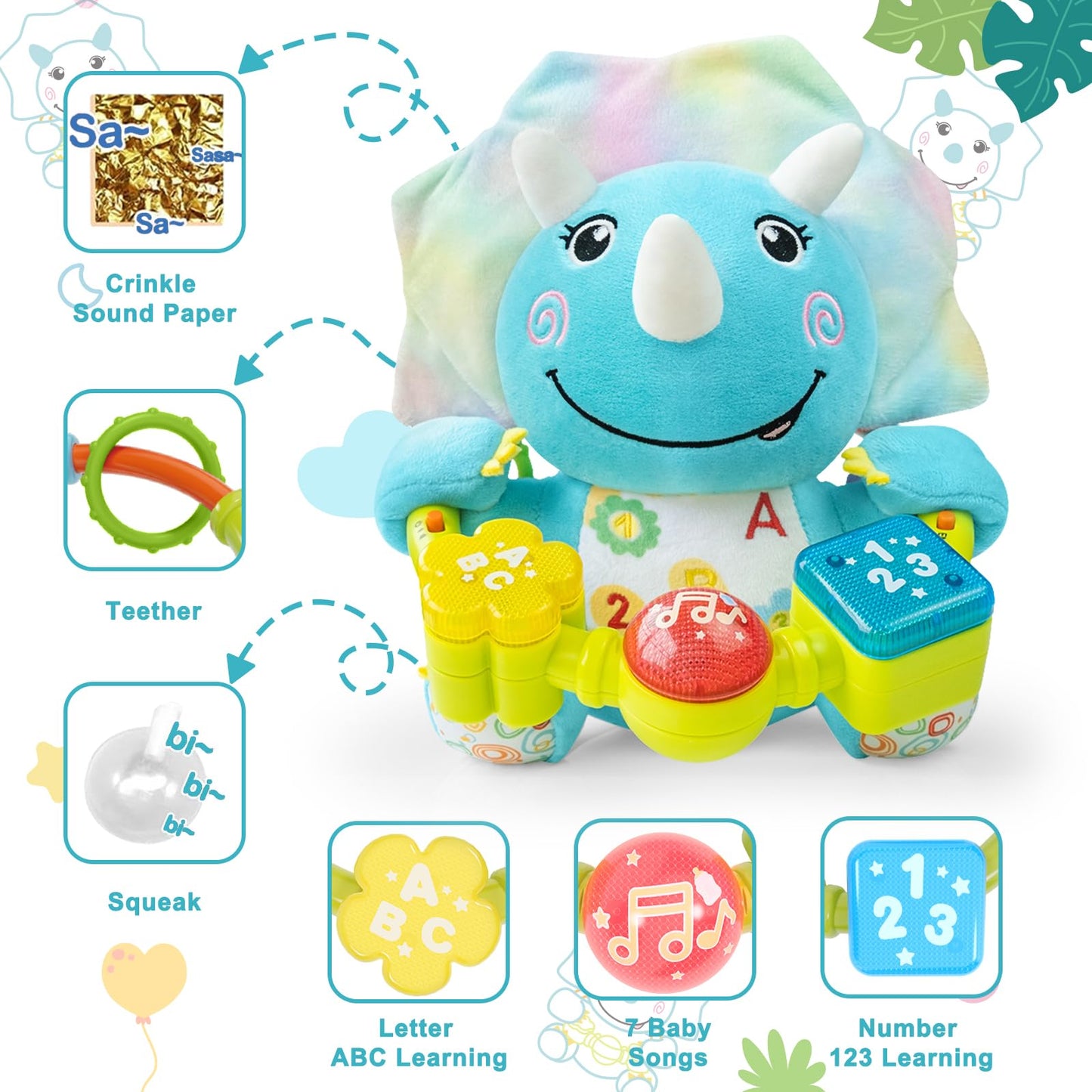 Holaxander Baby Dino Musical Stuffed Animals Toy with Light-Up Music & Crinkle Sound Paper,Infant Bilingual Early Learning Education Toys,Tummy Time Toys for 0-3-6-12+ Months Boy Girl