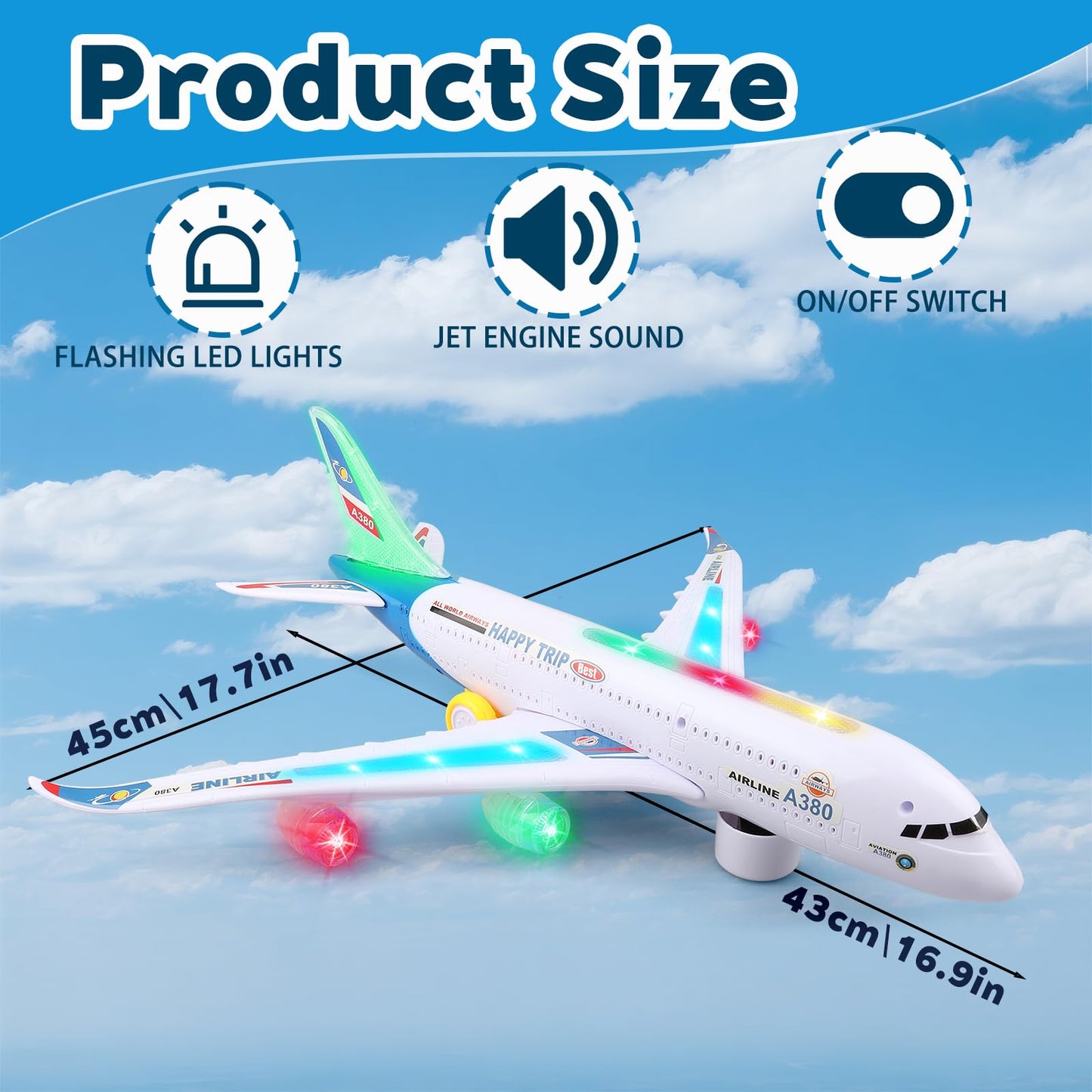 AtomDream Tech Bump and Go Airplane Toy – Realistic Airplane Model with 4D Lights & Sound – Moving Plane Toy for Kids Ages 3-12 – Automatic Direction Change on Collision – Great Gift for Kids(Blue)