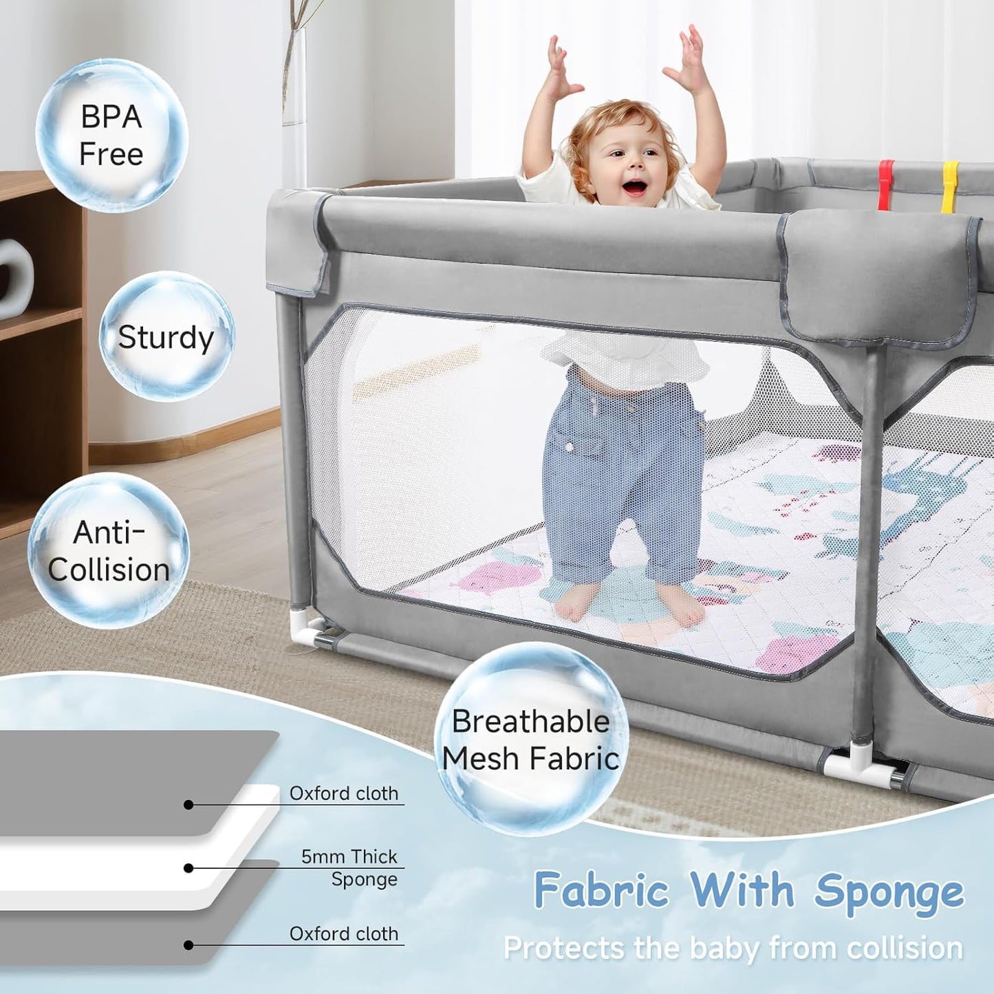 JINXIA Baby Playpen with Mat 79"*70", Large Play Pen for Babies and Toddlers with Soft Breathable Mesh, Climb-Proof Anti-Fall Baby Playpen, Sturdy Safety Play Yard for Indoor Outdoor Fun, Grey