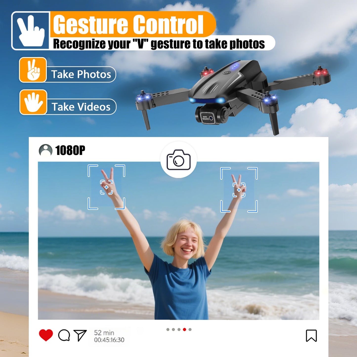 X-shop Drone with 1080P Camera for Kids Adults, Foldable RC Quadcopter with One Key Take Off/Land, Gesture Selfie, 3D Flip, 2 Batteries, Carrying Case, Toy Gift for Beginners