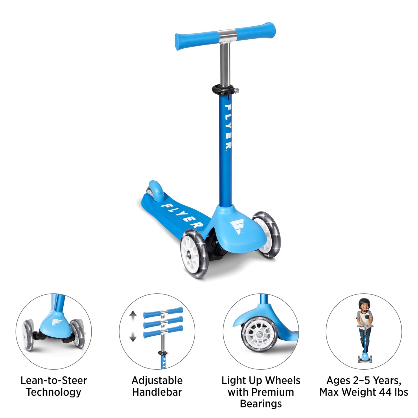 Radio Flyer Glider Jr. Scooter with Light Up Wheels, Blue, for Kids 2-5 Years Old, Lean-to-Steer, Adjustable Handlebar, Rear Foot Brake, Smooth Bearings, Comfort Grips, 3 Wheel Scooter for Kids