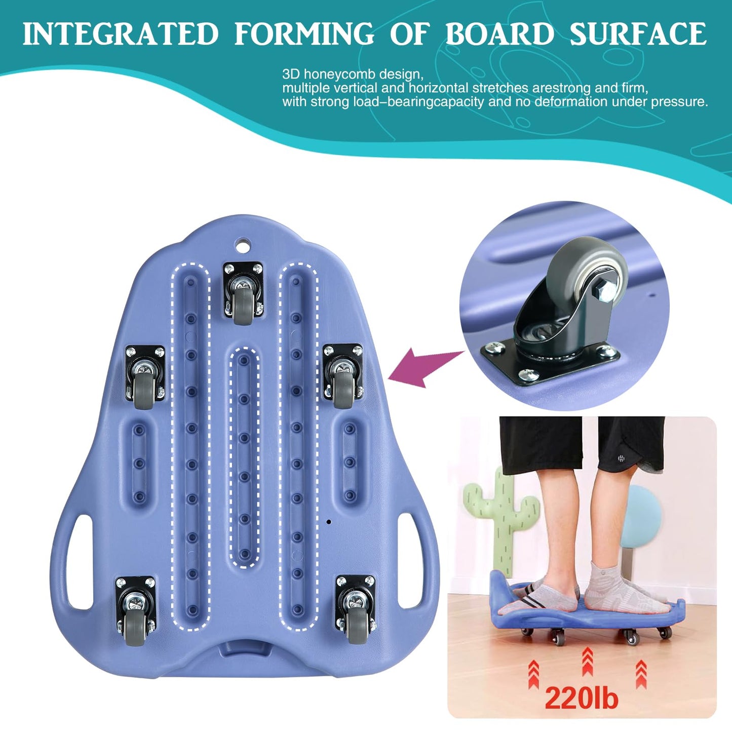 Large Scooter Board for Kids,Plastic Indoor Floor Scooter Board with Handles, Buckle and 1 Rope, 5 Wheels, Gym Scooters for Indoor Outdoor Sitting and Sports Training,Blue