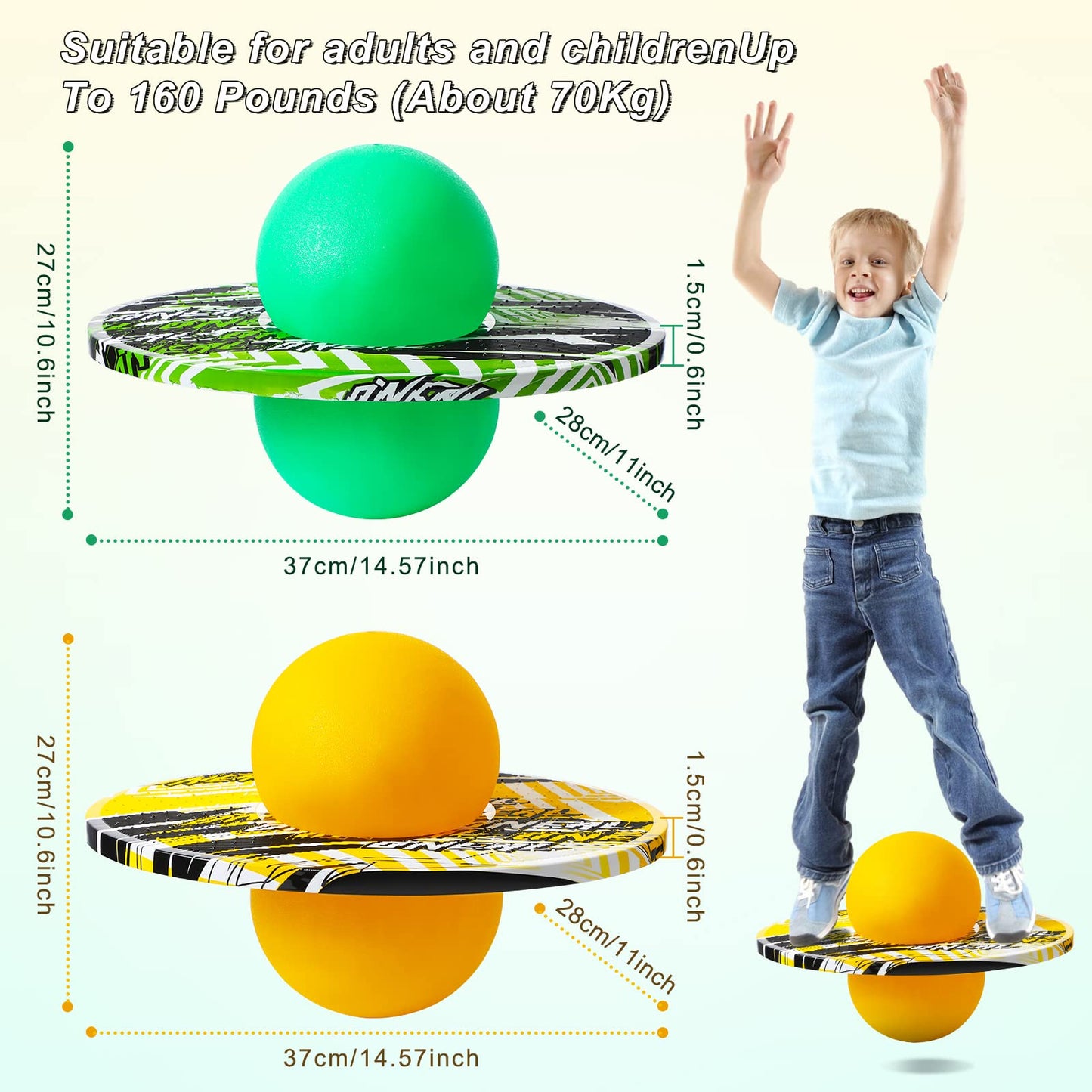 Junkin 2 Pcs Pogo Ball Trick Board Toy Balance Board Pogo Balance Bounce Ball with Pump and Strong Grip Deck for Fun Challenge Fidget Indoor,Outdoor Toys(Yellow, Green,Elegant Style)