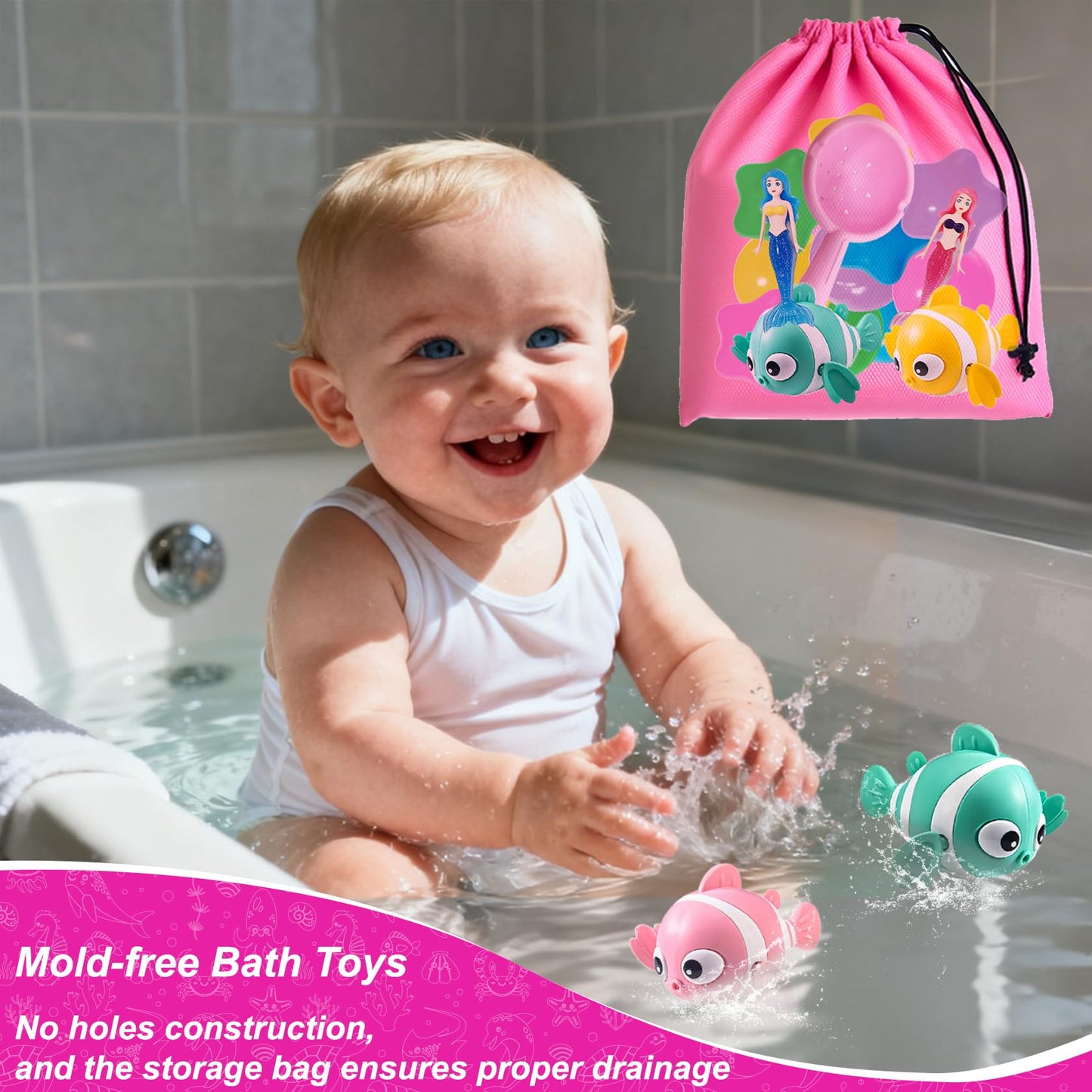 Baby Bath Toys for Kids - 20 PCS Little Mermaid Dolls, Wind Up Swimming Fish, Balls, Scoop and Storage Bag. Mold-Free Toddler Water Toys for Bathtub and Pool Diving, Gift for Girls Ages 1-3, 4-8