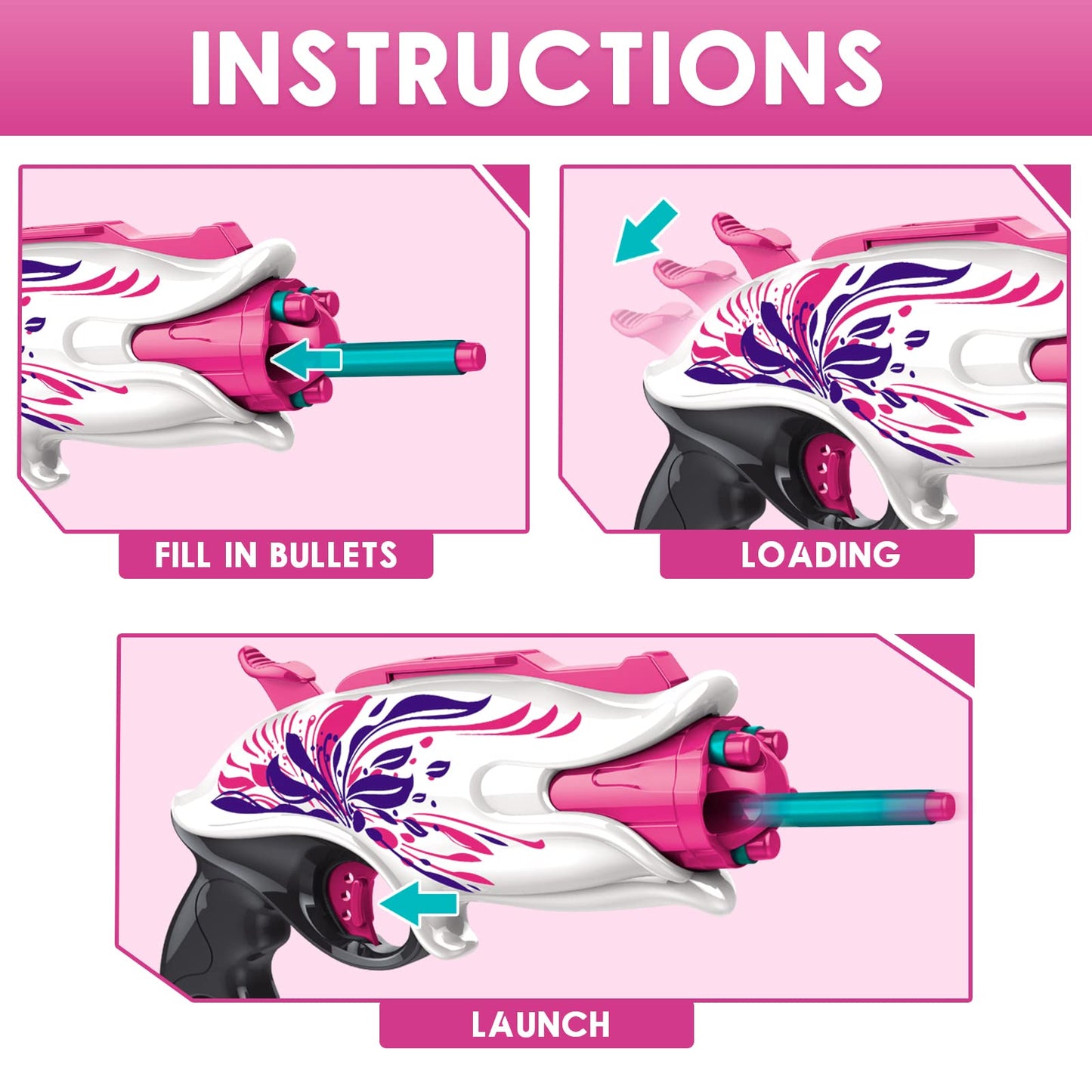 Soft Bullet Toy Pink Dart Blaster, 5-Dart Rotating Drum, 20 Darts, Kids Outdoor Toys Xmas Birthday Gifts for Girls Ages 6+ Years Old