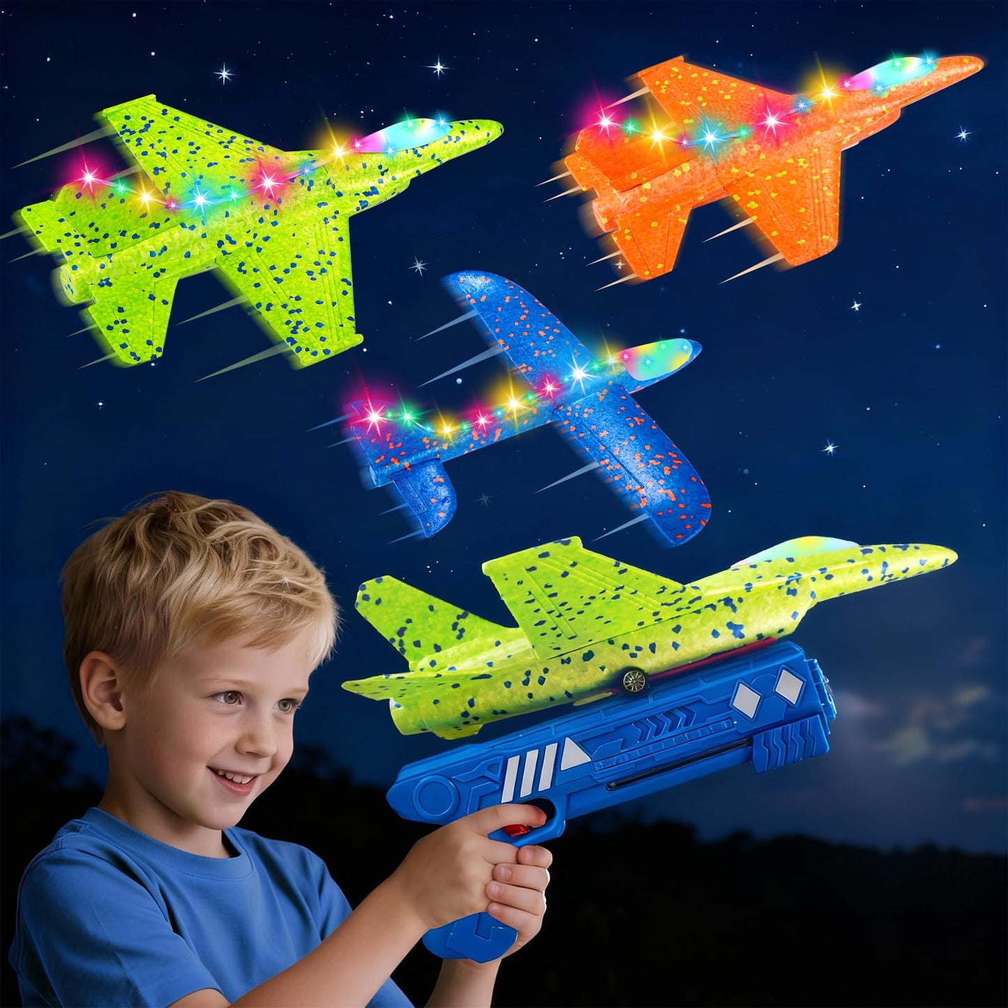 CRILARY 3 Pack Airplane Launcher Toys for Kids, 13.2'' LED Foam F-15 Fighter Jet & Glider, 2 Flight Modes Catapult Plane Outdoor Flying Toy, Easter Birthday Gifts for Boys Girls Ages 4-12