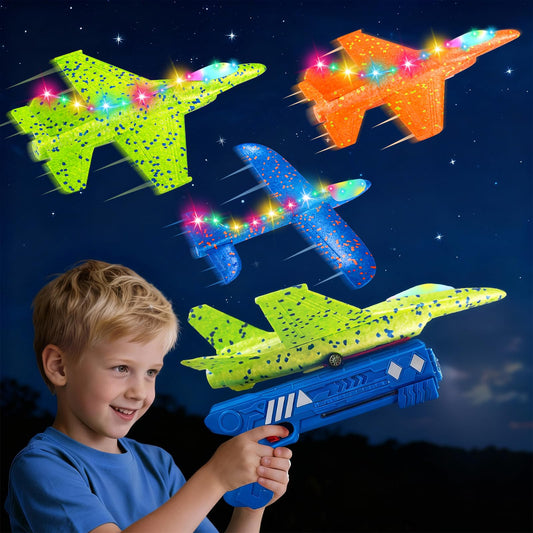 CRILARY 3 Pack Airplane Launcher Toys for Kids, 13.2'' LED Foam F-15 Fighter Jet & Glider, 2 Flight Modes Catapult Plane Outdoor Flying Toy, Easter Birthday Gifts for Boys Girls Ages 4-12