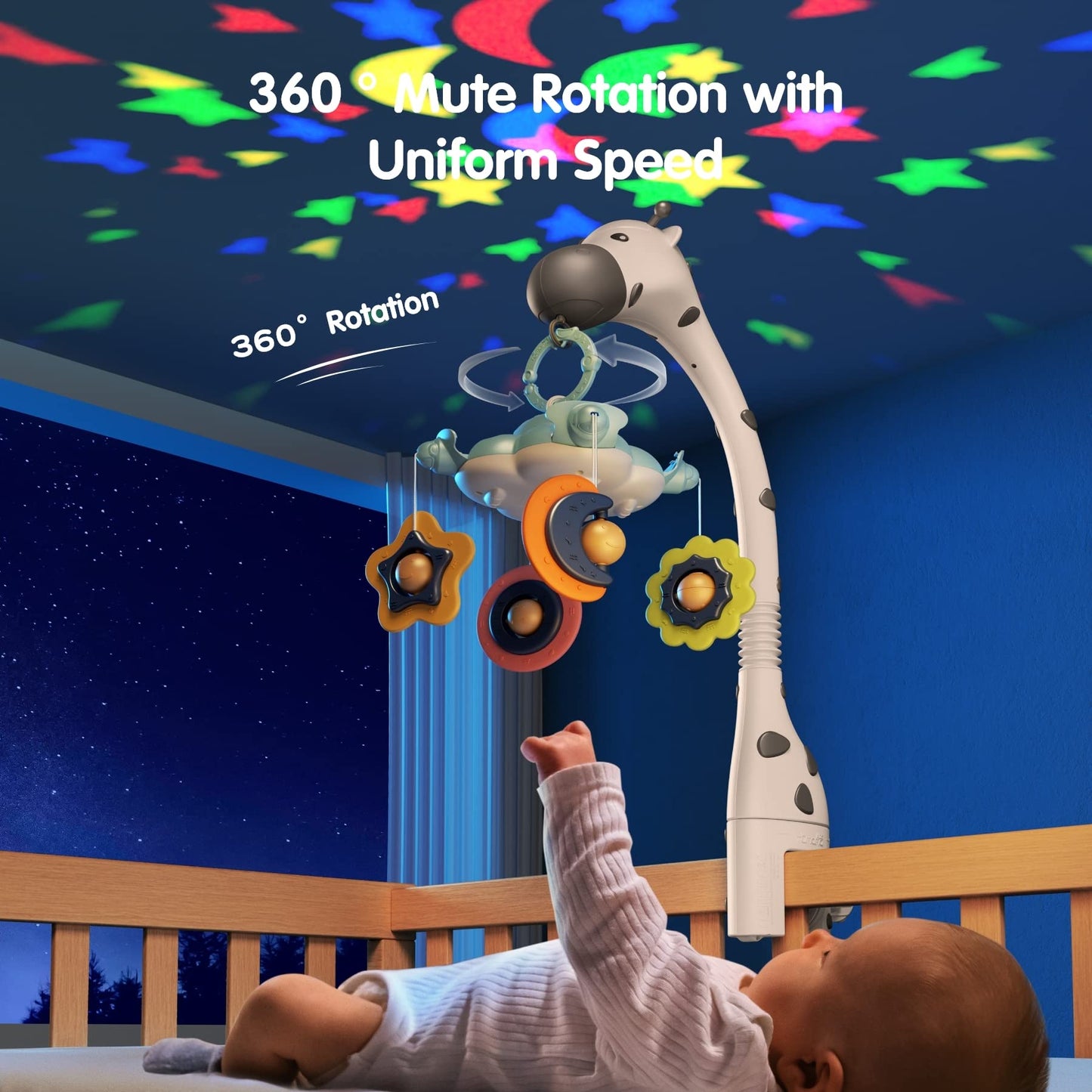 TUMAMA Baby Crib Mobile,3 in 1 Crib Toys with Remote Control,Projection Night Light, Music and White Noise, Mute Spin Motor Nursery Sensory Toys for Infant 0 3 6 9 Month Newborn Xmas Gift