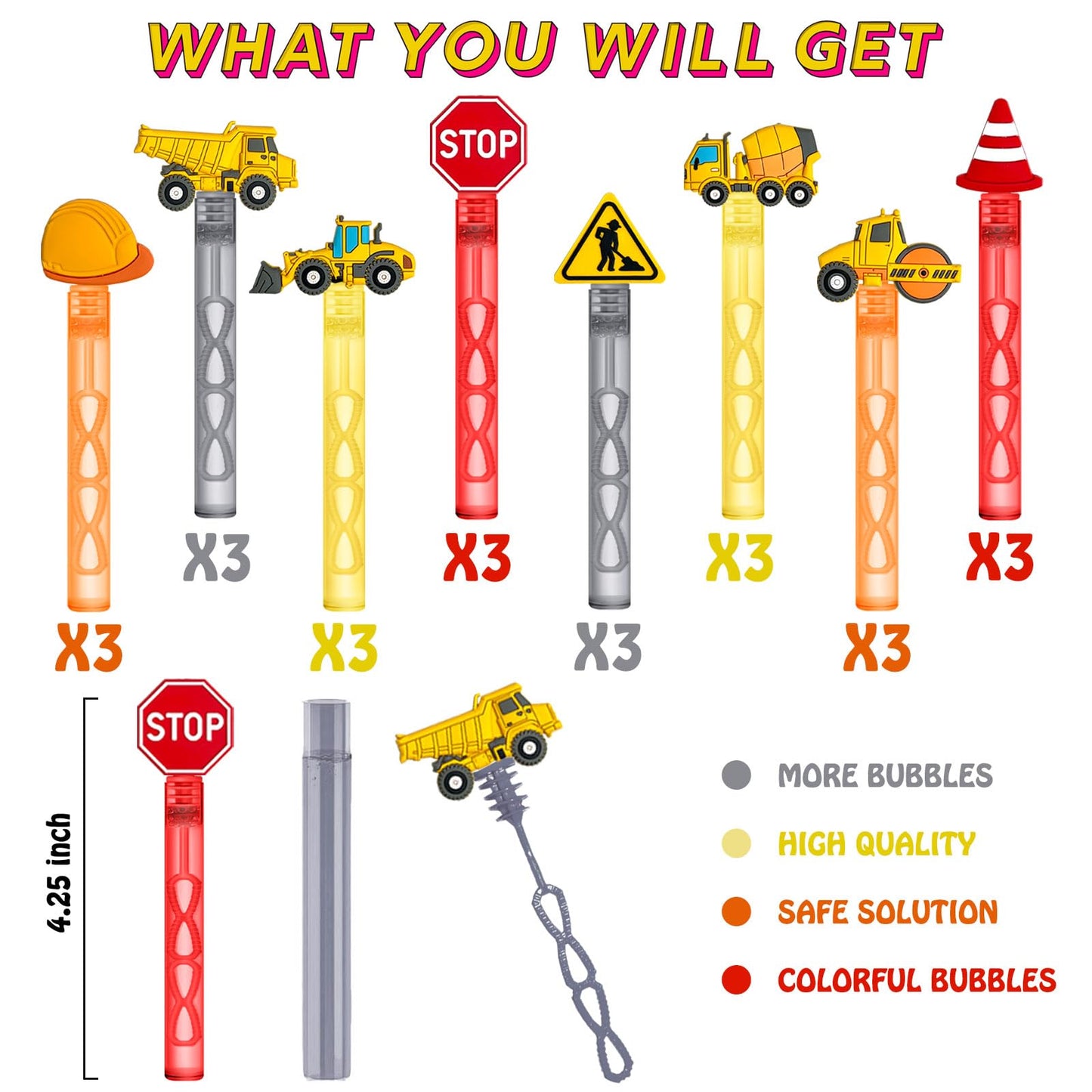 QZCPGP Construction Party Favors,24Pcs Construction Bubble Wands for Kids Birthday Party Supplies,Baby Shower Prizes Pinata Goodie Bag Stuffers Gift