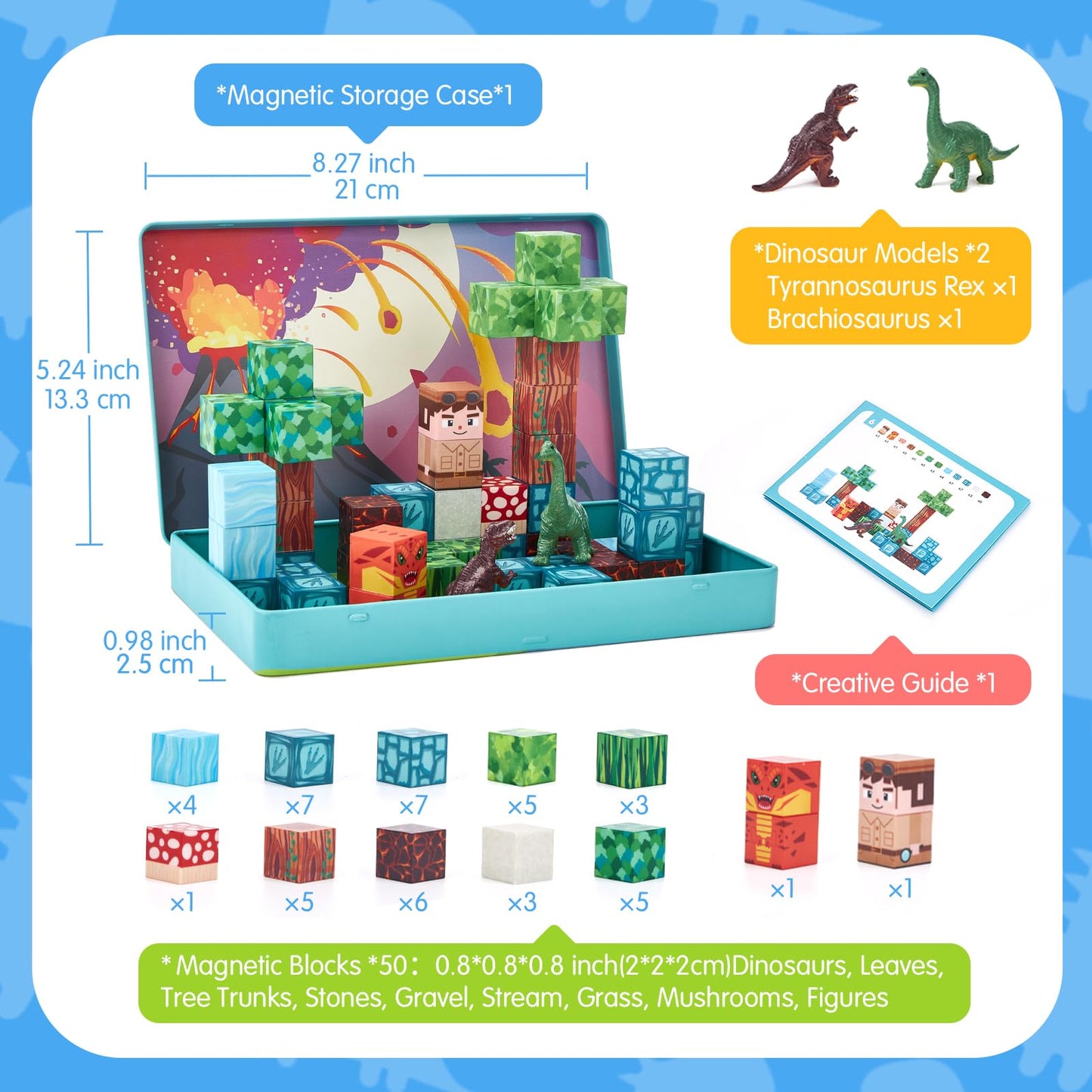hahaland Mini Magnetic Blocks Travel Set with Magnetic Case - 52 PCS Magnet Building Cubes Dinosaur Toys for Kids 3-5 Toddler Travel Toys Airplane Essentials, Stem Toys 4 Year Old Boys 3 Year Old Gift
