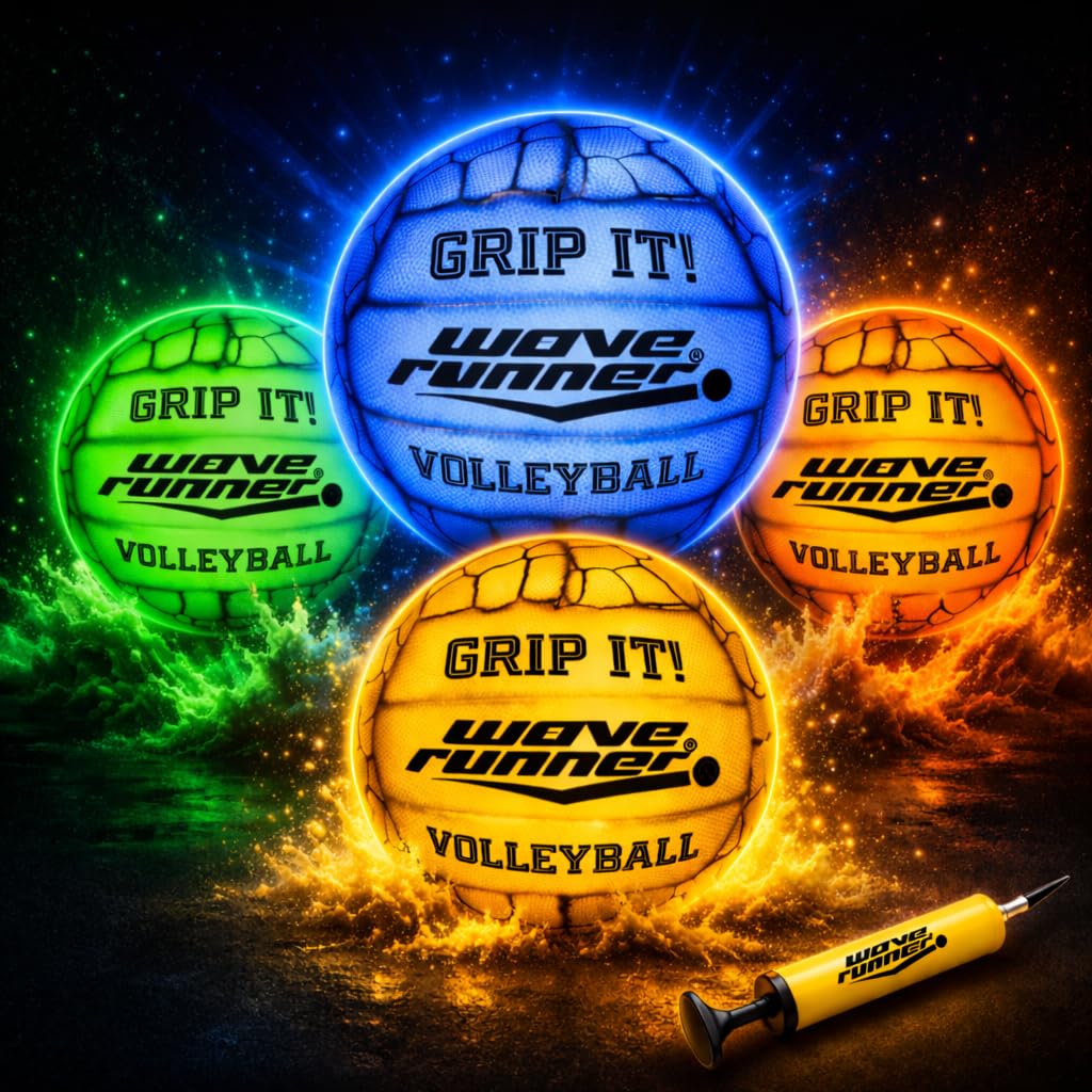 Wave Runner Grip-It Glow in the Dark LED Volleyball — Waterproof Light-Up Ball for Beach, Pool & Night Play — Sure-Grip Texture, Soft-Impact, Outdoor Sports Toy for Kids, Teens & Adults