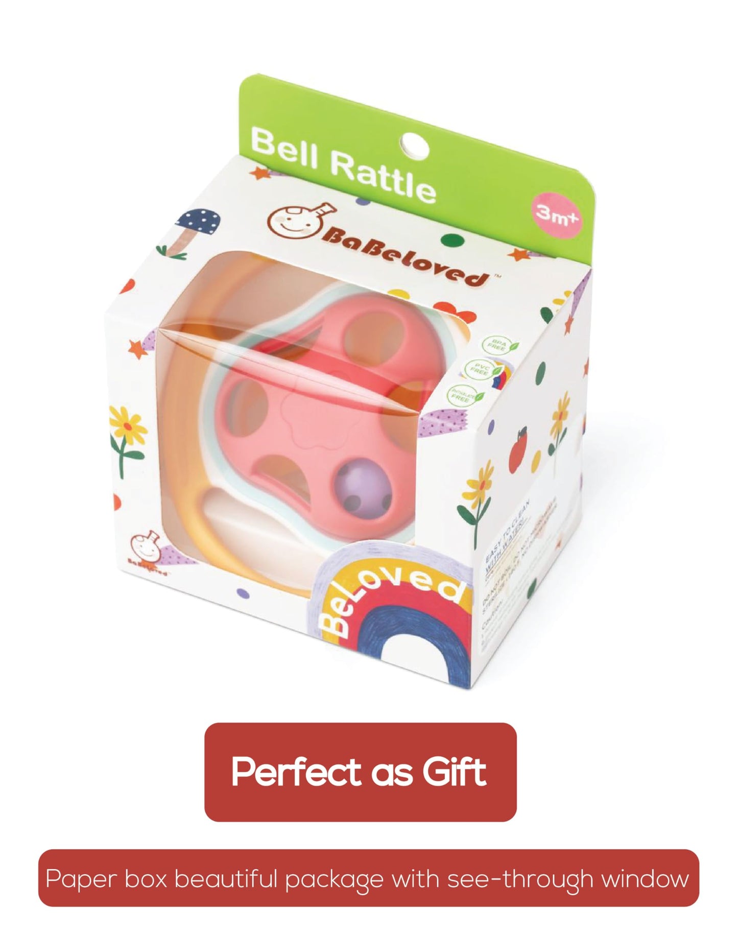 BaBeloved Bell Rattle Baby Teething Toys Multiple Sensory Montessori Baby Teether Toys Soft Food-Grade Teethers for Babies Rattling Teething Relief, Chew Toy for Babies 0-12 Months, BPA Free