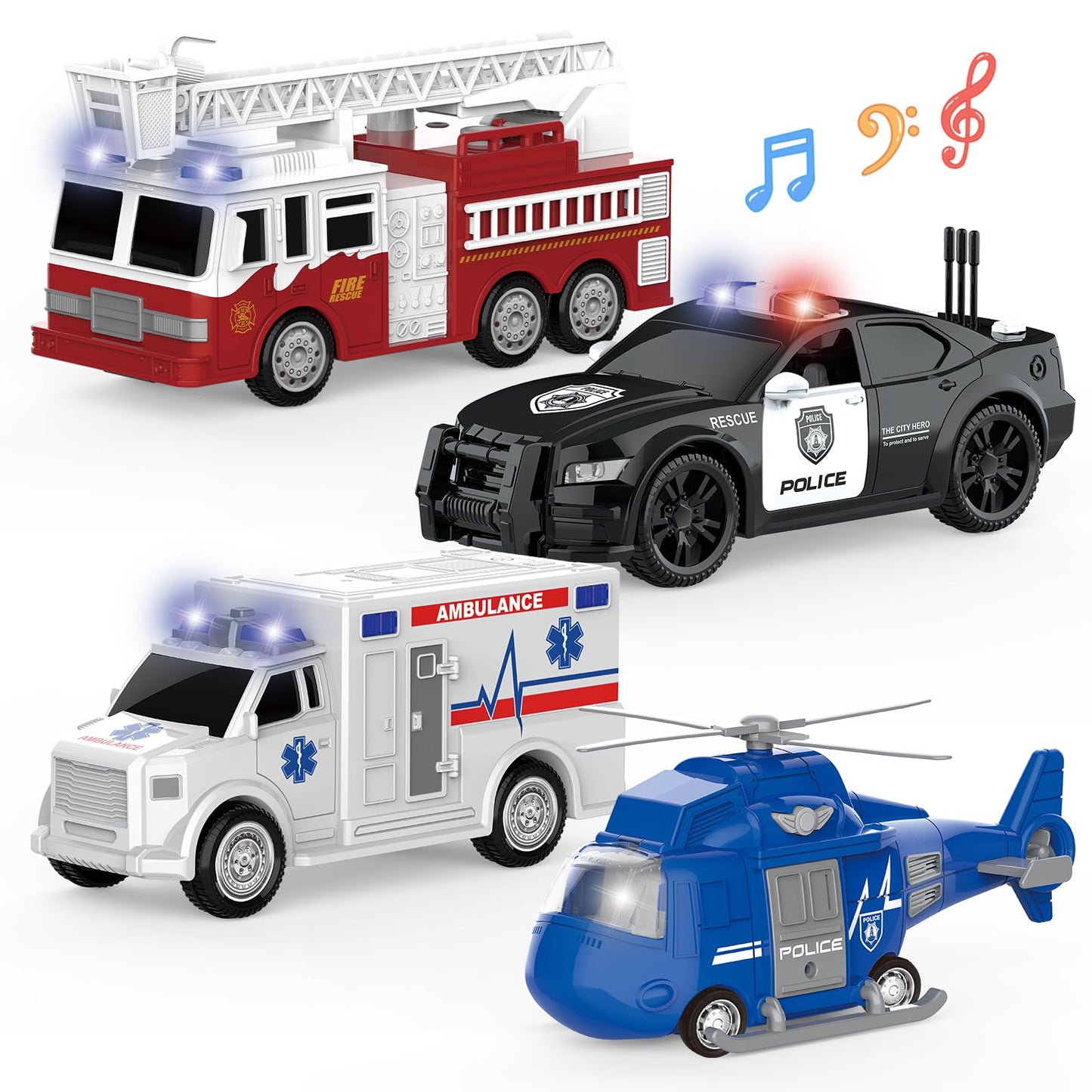 COVTOY 4 Pack Emergency Vehicles with Lights & Siren Sounds - Fire Truck, Ambulance, Police Car & Helicopter - Friction Powered Toys for Boys 3-6