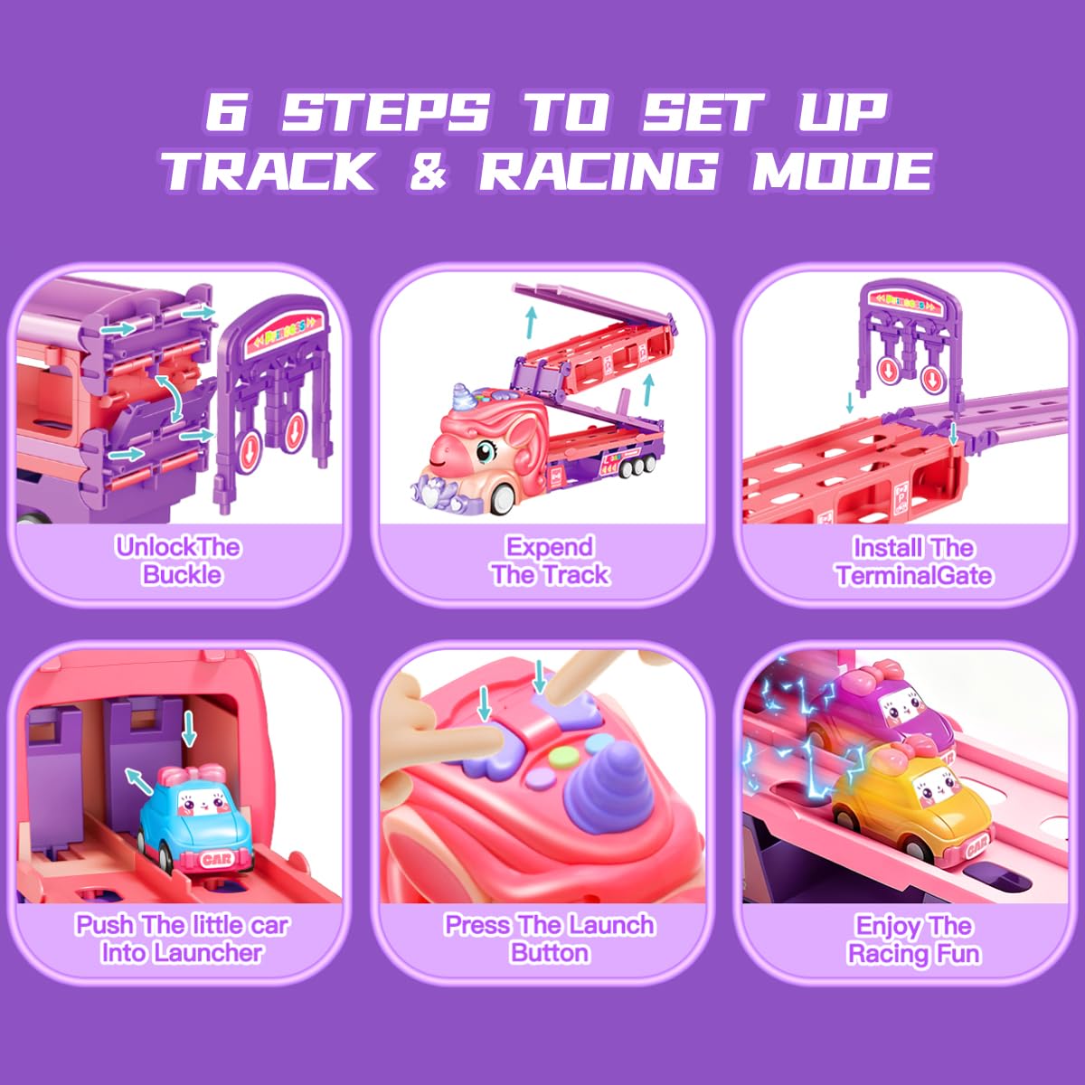 Unicorn Car Toys for Age 3 4 5 6 Year Old Toddler Girl, Foldable Track & 2 Player Race Mode Game, Light & Sound Push Transport Carrier Truck W/ 9 Princess Toy Cars, Birthday Gift for Girls Age 4-6
