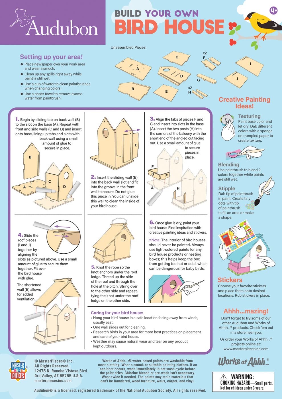Works of Ahhh... Audubon Bird House Kit - Buildable Wood Paint Set for Kids - Complete Craft Kit with Paint & Sequins - Unisex, All Ages