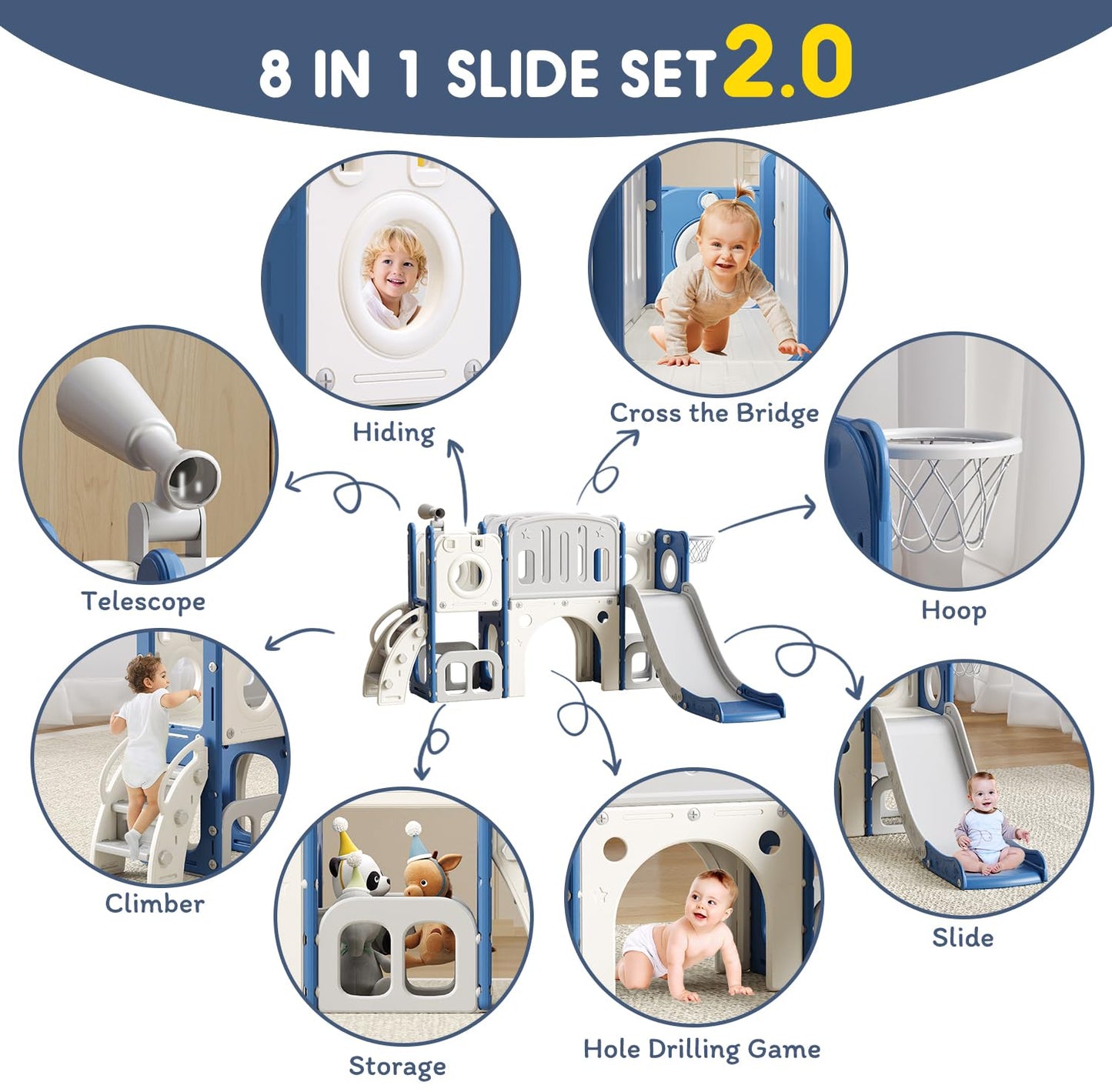 8 in 1 Toddler Slide Set, Kids Slide for Toddlers, Toddler Climber Slide PlaySet with Basketball Hoop,Outdoor Indoor Playground for Toddlers Upgraded