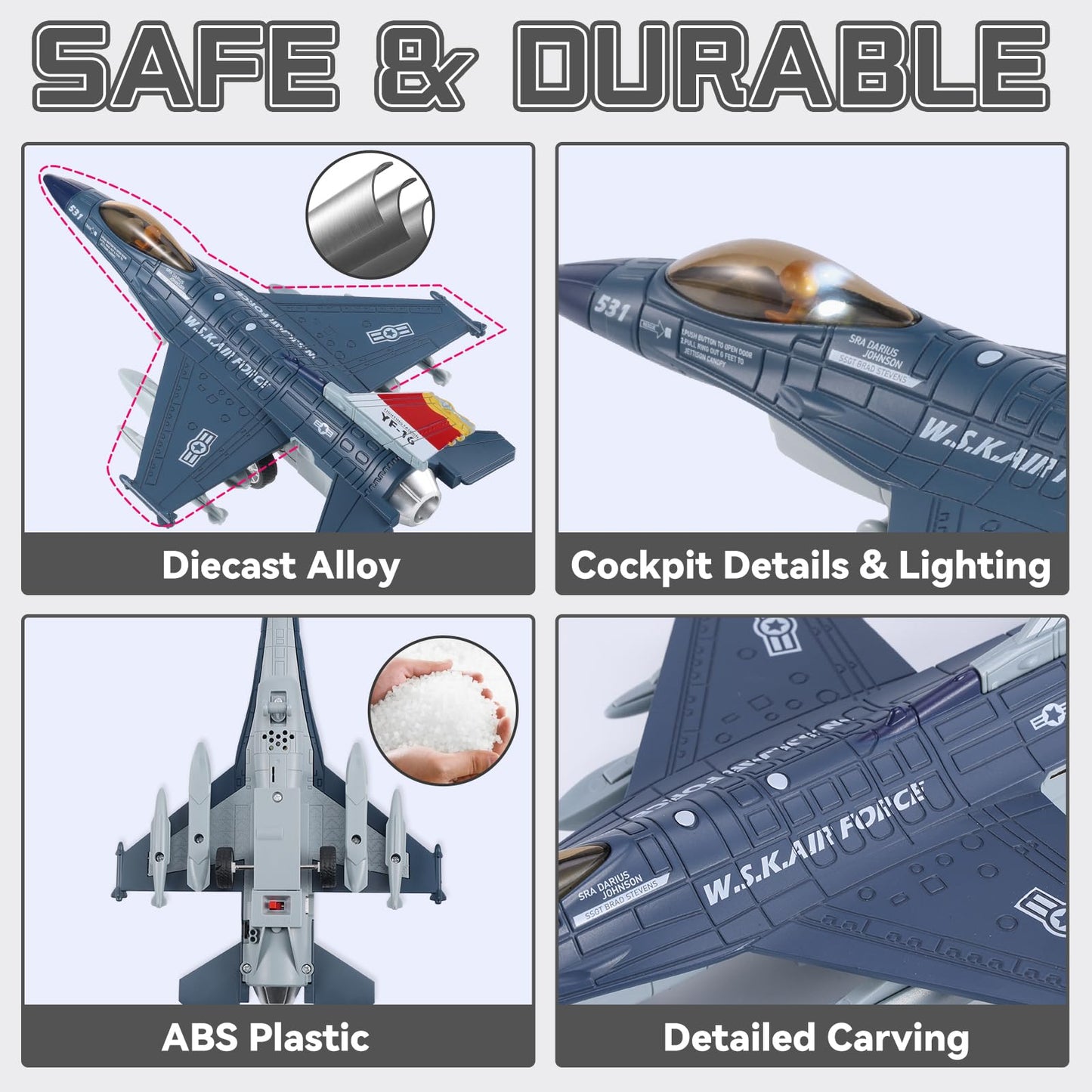 Crelloci Diecast Metal Alloy Fighter Jet Military Airplane Toy with Mist Spray, Lights & Sounds, Pull Back Function Army Air Force Aircraft for Kids, Toddlers Ages 3+, Gift for Boys Girls (Blue)