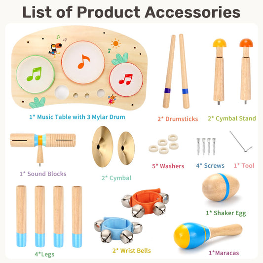 WINGYZ 11-in-1 Toddler Drum Set-Wooden Baby Musical Instruments & Montessori Musical Toys for Toddlers 1-3, Music Table with Bongo Drums, Cymbals, Maracas & Wrist Bells for Early Rhythm Play