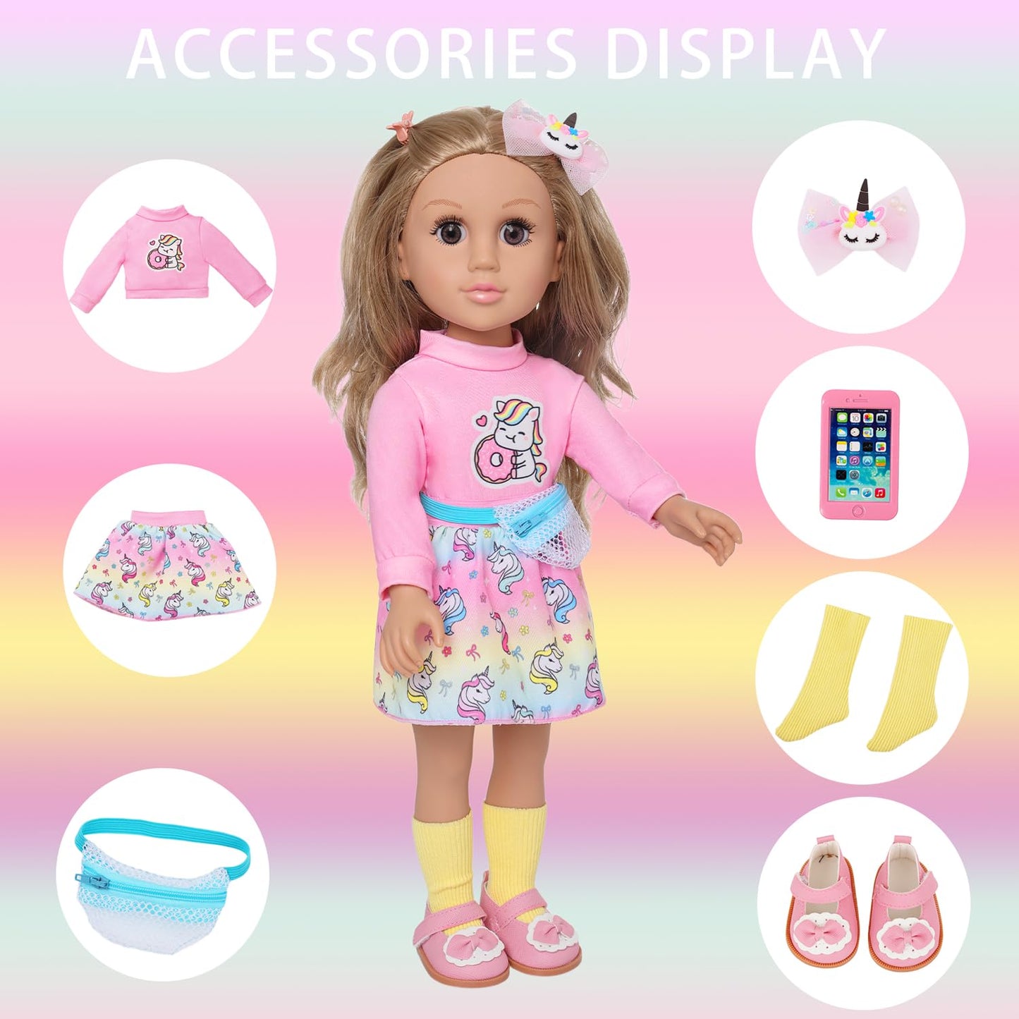 Ecore Fun 18 Inch Girl Doll with Clothes Accessories, Fashion Doll with Styling Brown Hair, Unicorn Hair Clip, Phone, Bag, Outfit & Shoes, Gift Ready for Birthday & Pretend Play