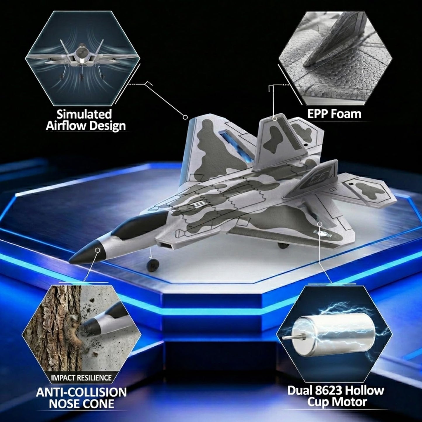 RCkuler RC Planes,4 Channel F22 Raptor Remote Control Airplane with LED Light, 6-Axis Gyro, 3 Flight Modes, One-Key Aerobatic,Wingspan 360mm Fuselage 500mm,EPP Foam, RTF Suitable for Outdoors and Gift