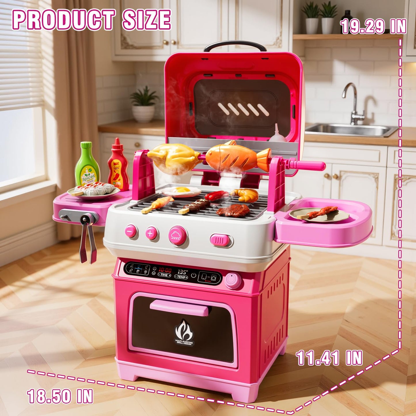 KIZONLY Kids BBQ Grill Playset Toy, 2-Layer Play Kitchen Toddlers Toys with Oven and Smoke, Cooking Toys for Kids Ages 4-8, Light and Sound, Barbecue Outdoor Grill Play Gift Toy for Toddler Girls 3-5