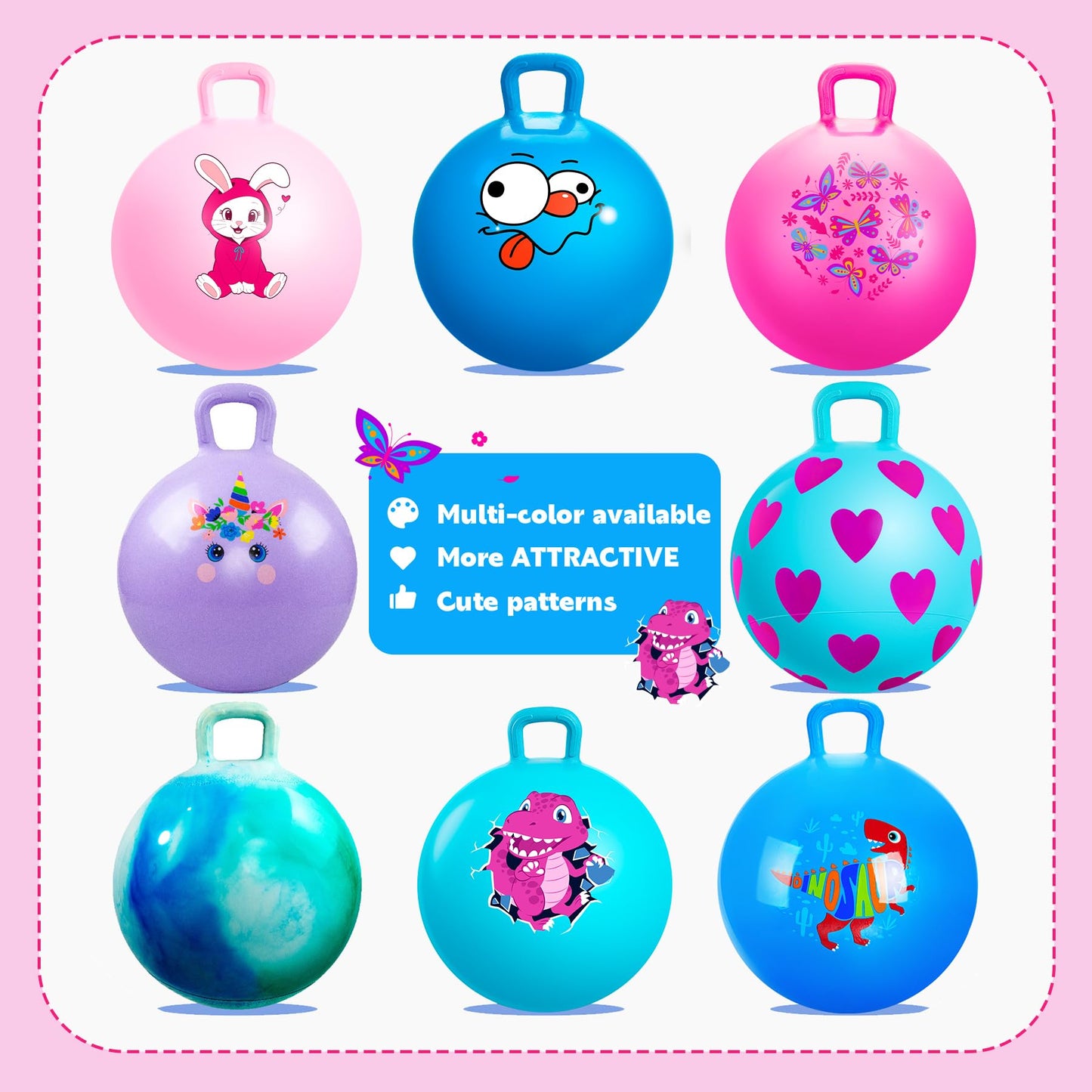 EVERICH TOY Hopper Ball, Pink Butterfly Hopping Toys for Kids, 18 Inch Bouncy Ball with Handle, Indoor Outdoor Inflatable Hoppity Hop Toy for Girls Boys Gift with Free Pump