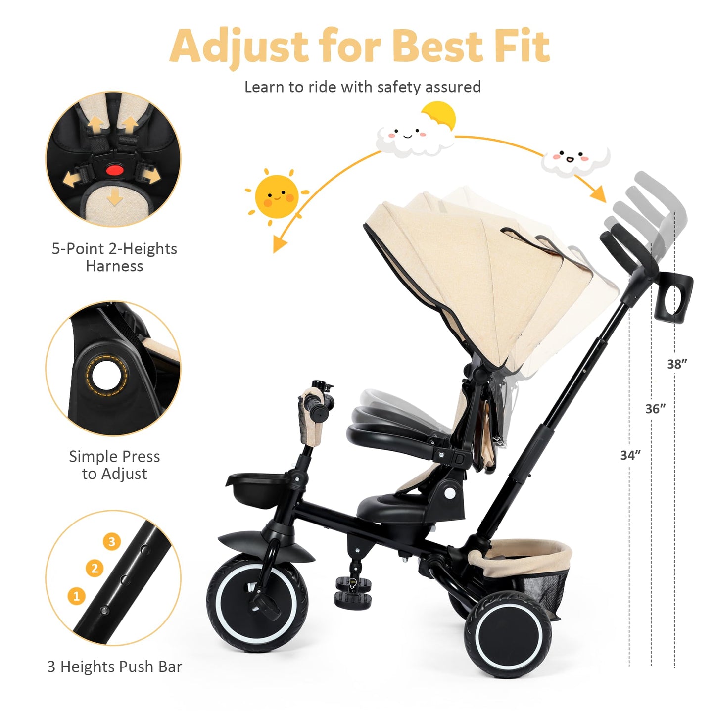 TODEFULL Folding Kids Tricycle, 8 in 1 Toddler Trike W/Removable & Adjustable Canopy, Parent Handle, 5-Piont Harness, Toddler Bike Tricycle for Kids 1-6 Years, EVA Wheels, Storage Basket, Khaki