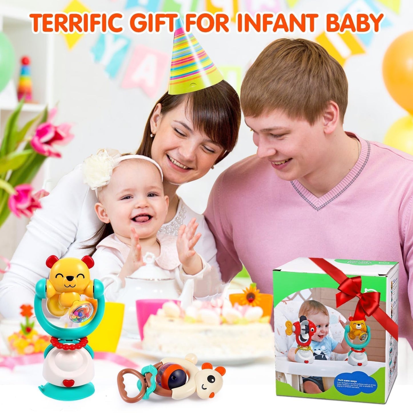 Baby Toys 6-12 Months Infant Toy Set of 3 High Chair Suction Cup Rattle Teething Toys for Babies 6 7 9 12-18 Months 2-in-1 Sensory Development Tray Toy Baby Gifts for Boys Girls