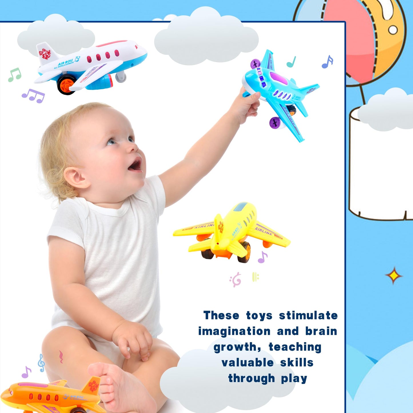 Drayear 4 Pack Light Up Airplane Toys Friction Powered Push Airplane Toy with Lights and Sounds for Kids Birthday Christmas Children's Day Gift Early Educational Toys