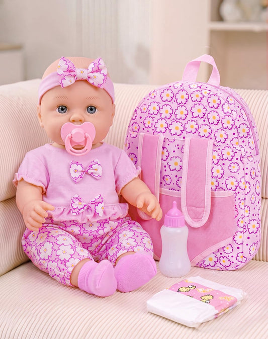 UZIDBTO 12 Inch Baby Dolls with Backpack Carrier Can Store Doll Clothes and Accessories,12" Reborn Baby Doll Set in Gift Box with Feeding Bottle Nipple Diaper for Kids Toddler Age 3+