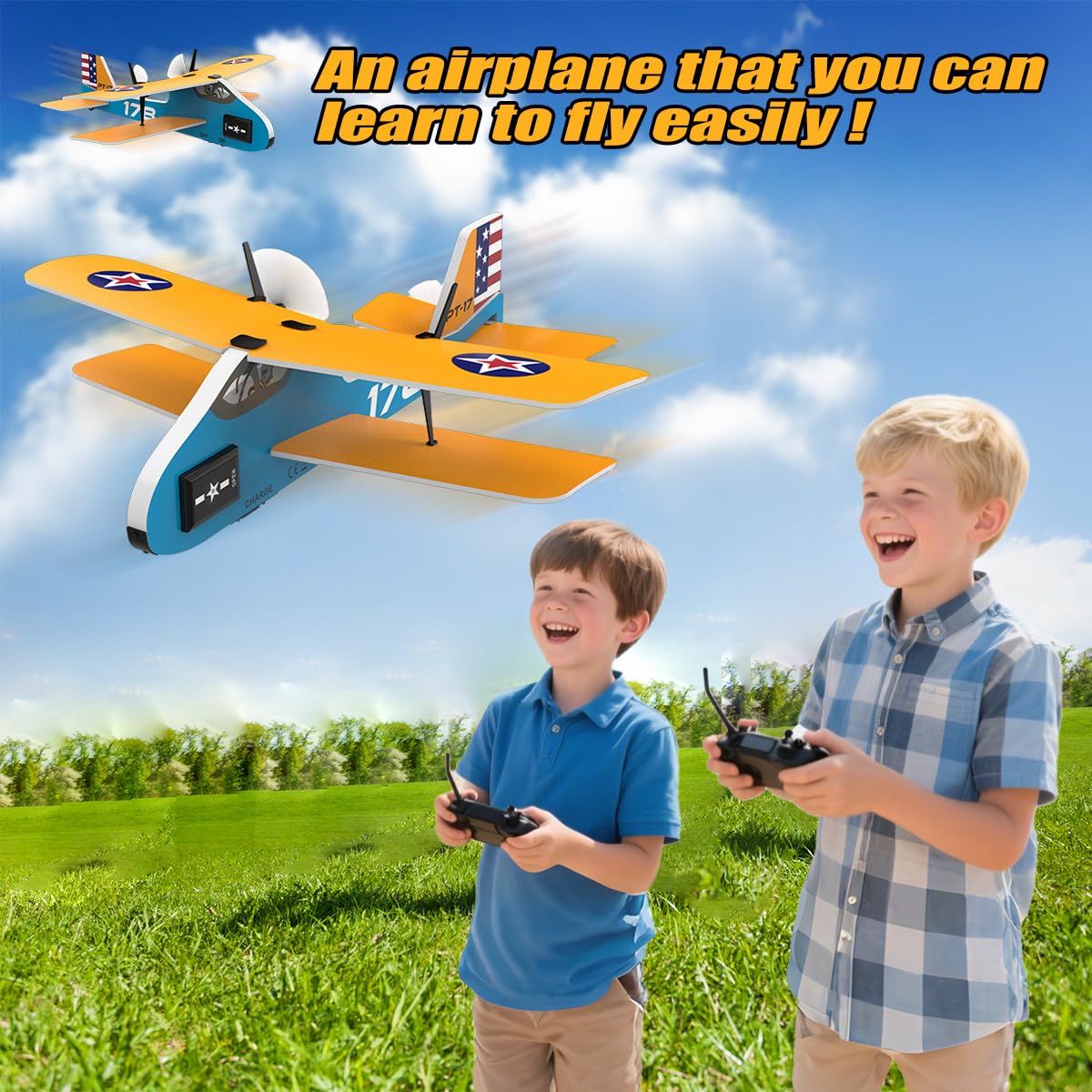 RoofWorld RC Plane 2. 4Ghz RC Airplane for Kids & Beginners Easy to Fly with 6-axis Gyro Stabilizer 2CH MPP Remote Control RC Glider Indoor/Outdoor STEM Toy for Boy Girl Pilots (Yellow Biplane)
