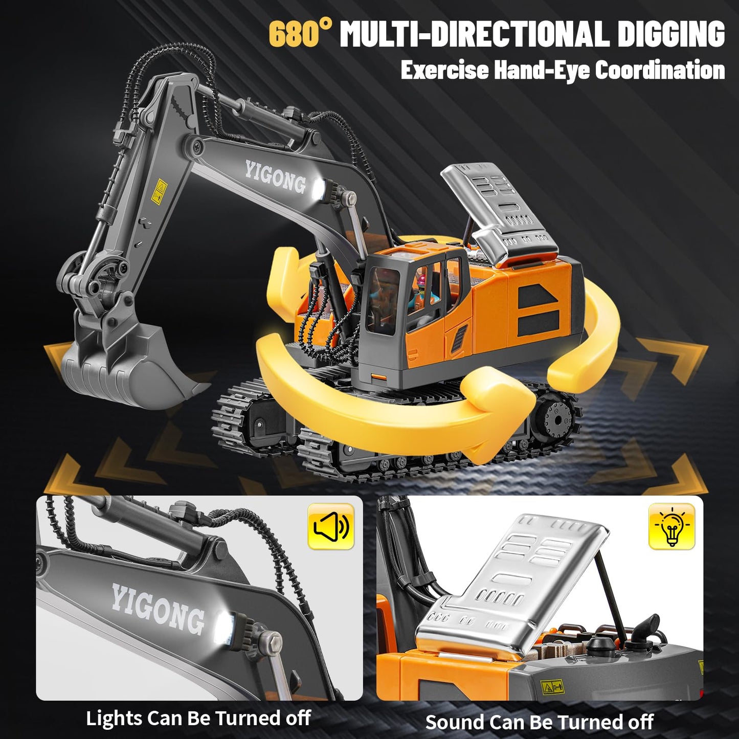 SJYN Remote Control Excavator Toy, 11 Channel RC Construction Digger with Metal Shovel, Lights & Sounds, 2.4GHz Rechargeable All-Terrain Excavator for Kids 3-14, Perfect for Sand, Dirt & Outdoor Play