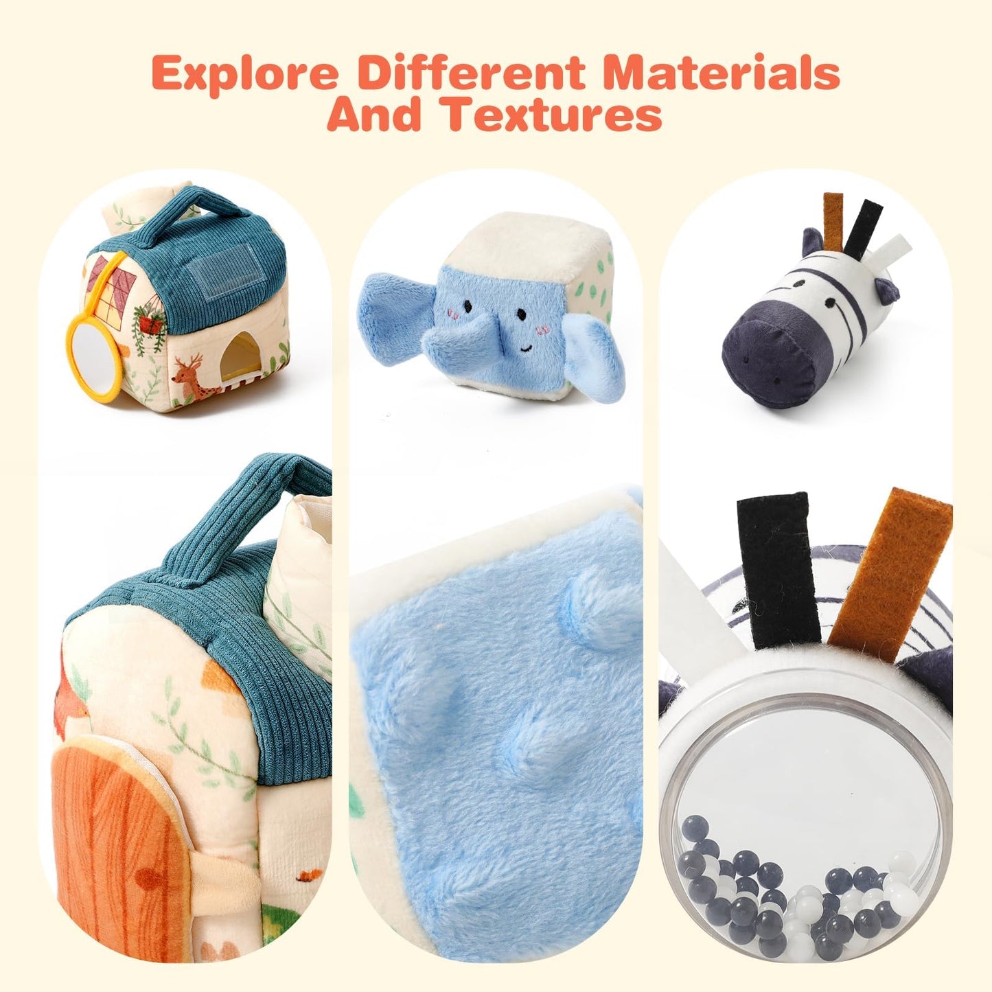 Youuys Travel Sensory Toys for Babies 6-12 Months & Toddlers 1-3 Year Old On-The-Go Montessori Soft Stuffed Animal Set with Crinkle, Rattle, Safe Mirror Educational for Kids Boy Girl